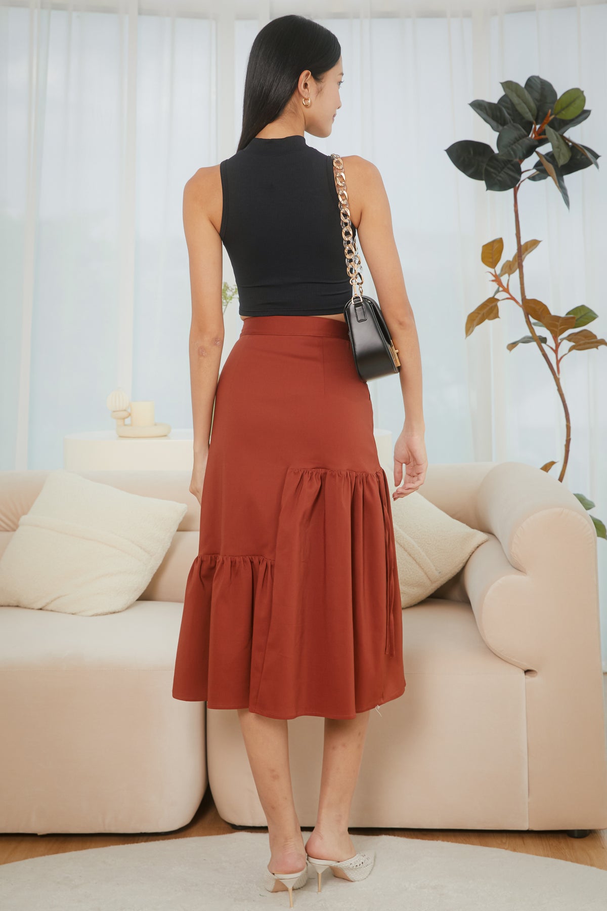 Kate Asymmetric Midi Skirt in Burnt Orange