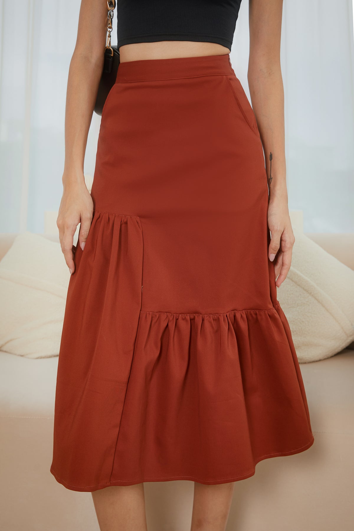 Kate Asymmetric Midi Skirt in Burnt Orange