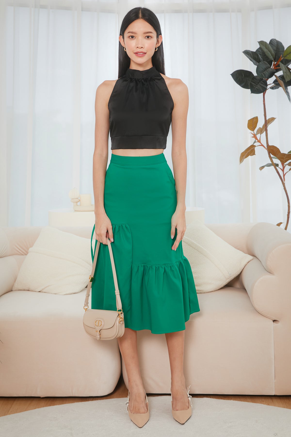 Kate Asymmetric Midi Skirt in Kelly Green