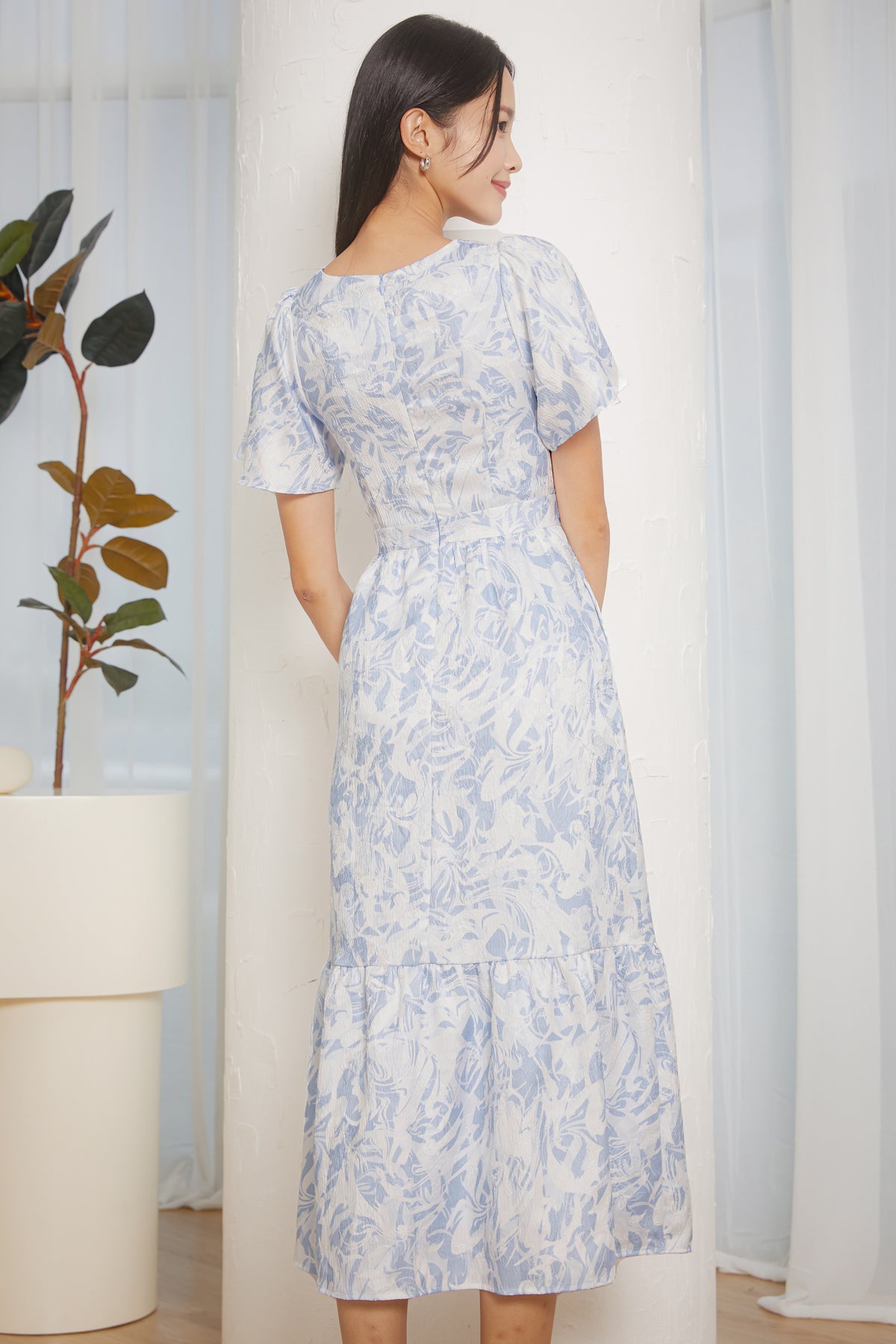 Twist-Front Flutter Sleeves Dress in Ocean Blue