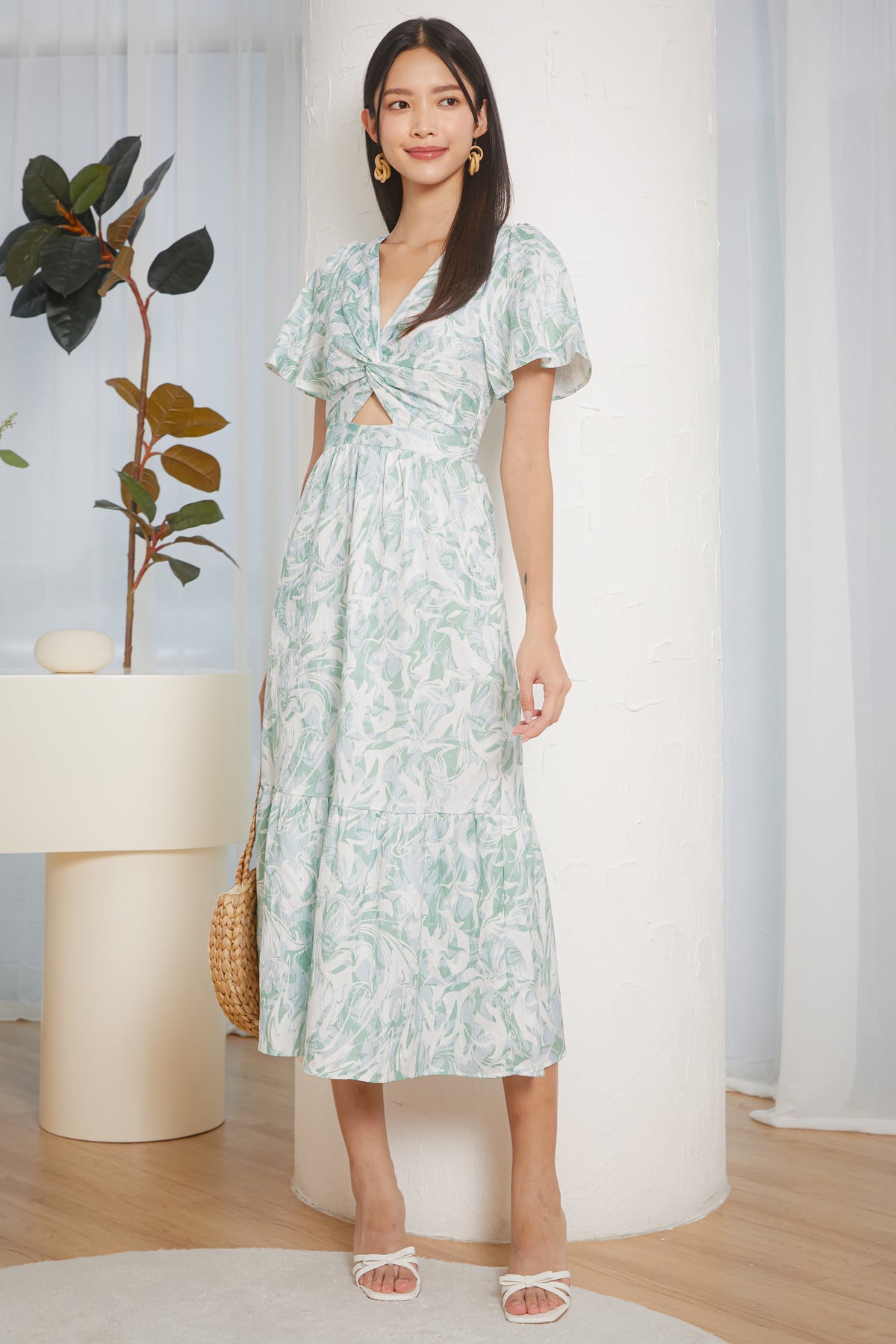 Twist-Front Flutter Sleeves Dress in Lagoon Green