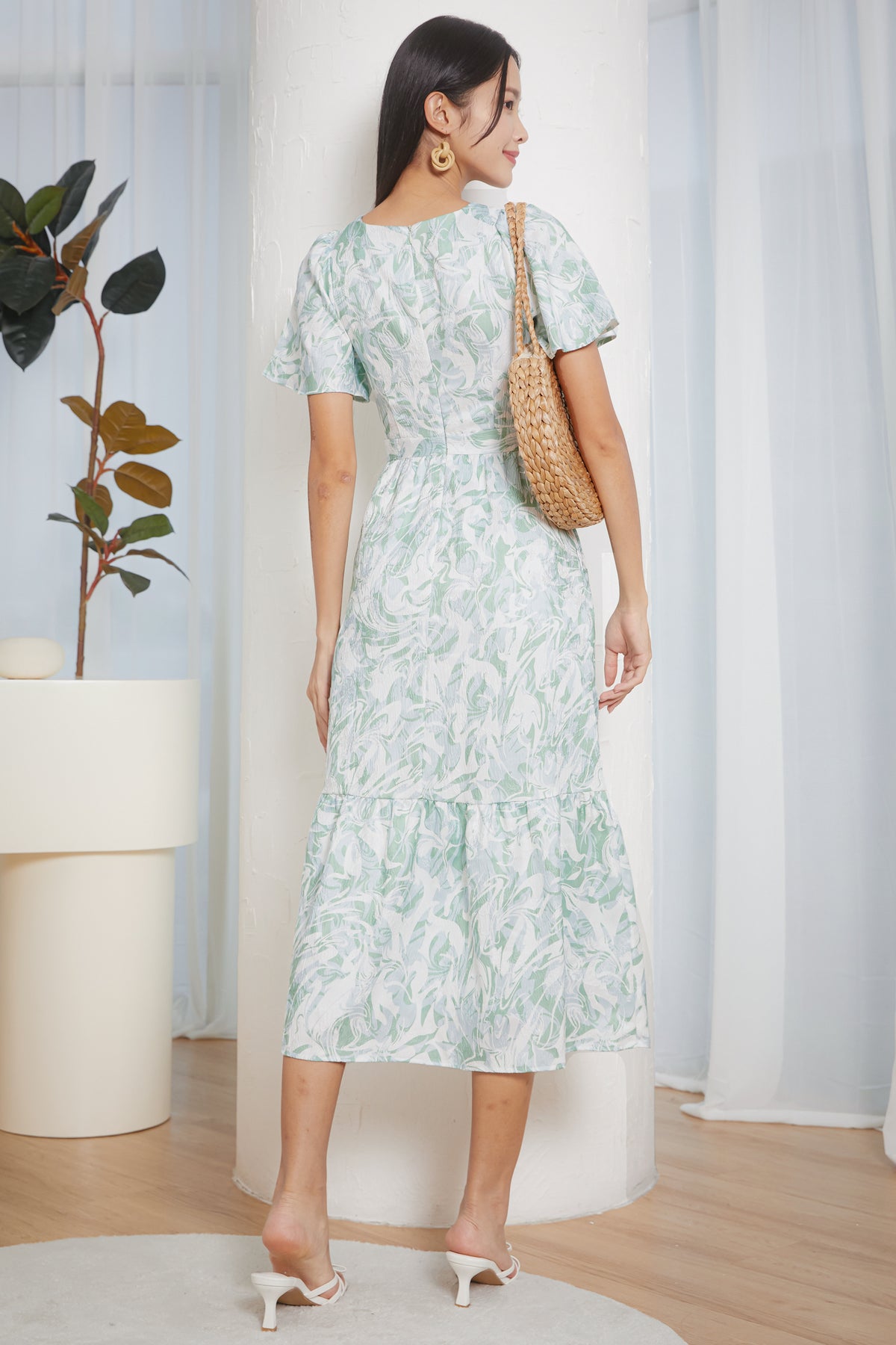 Twist-Front Flutter Sleeves Dress in Lagoon Green