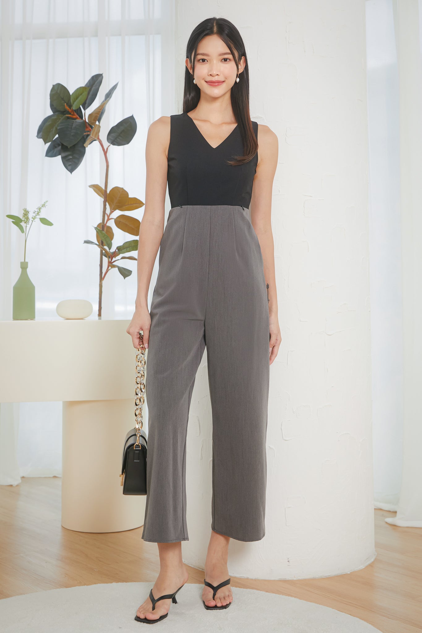 Zip Cut-Out V-Neck Jumpsuit in Black Grey