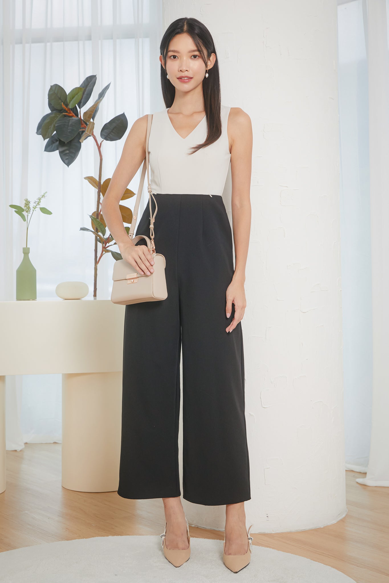 Zip Cut-Out V-Neck Jumpsuit in Ecru Black