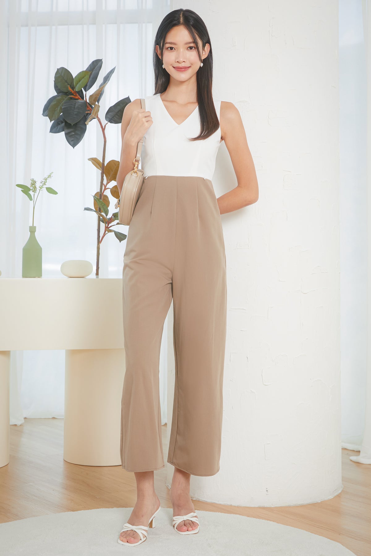 Zip Cut-Out V-Neck Jumpsuit in White Coffee