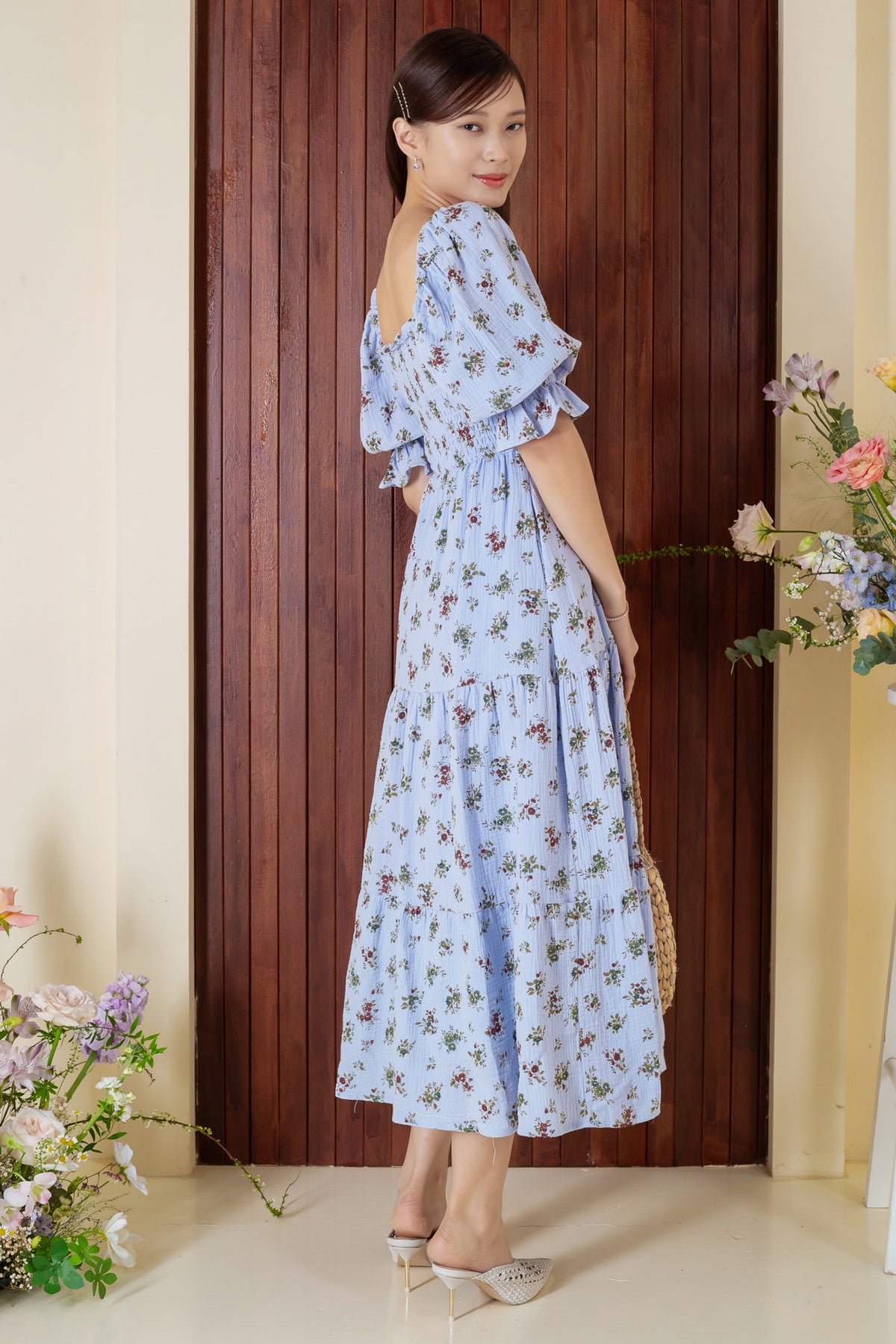 Belissima Vintage Floral Smocked Dress in Blue