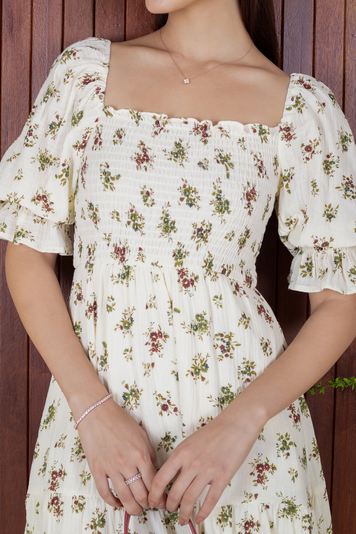 Belissima Vintage Floral Smocked Dress in Cream