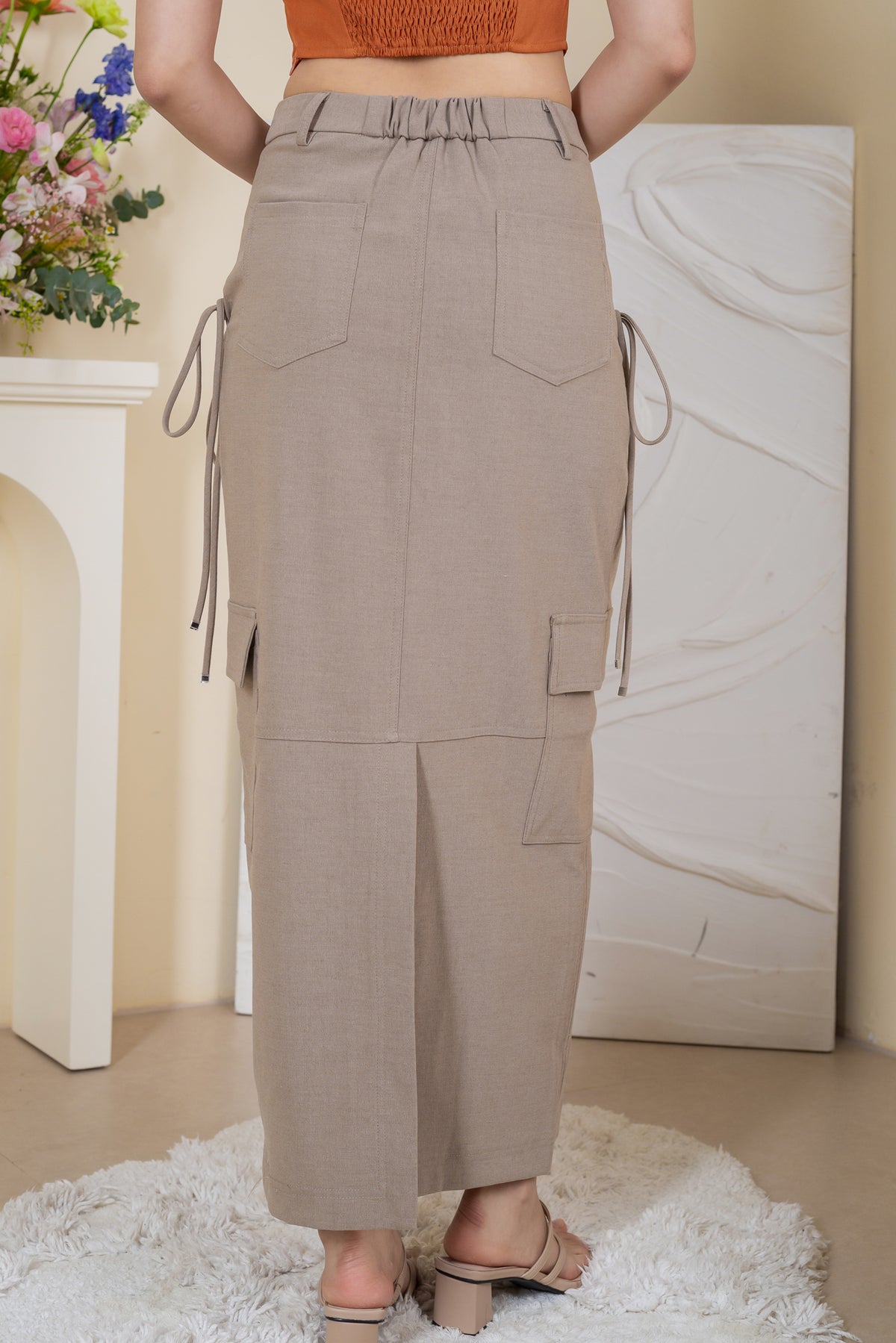 Drawstring Cargo Midi Skirt in Trench