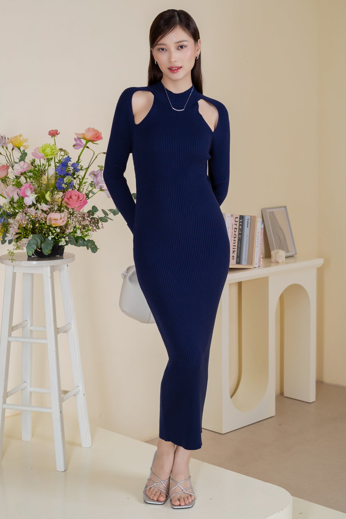 Mock Neck Exposed Knit Dress in Navy