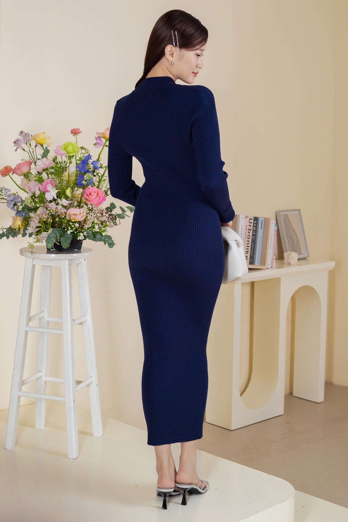 Mock Neck Exposed Knit Dress in Navy