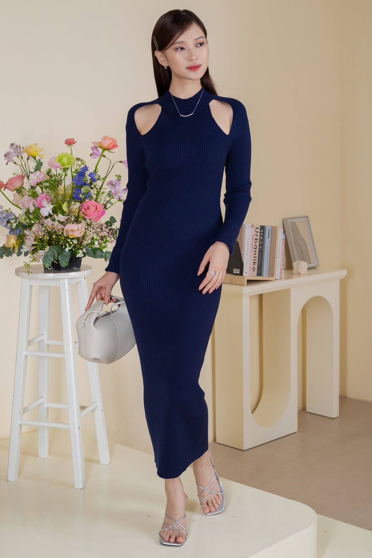 Mock Neck Exposed Knit Dress in Navy