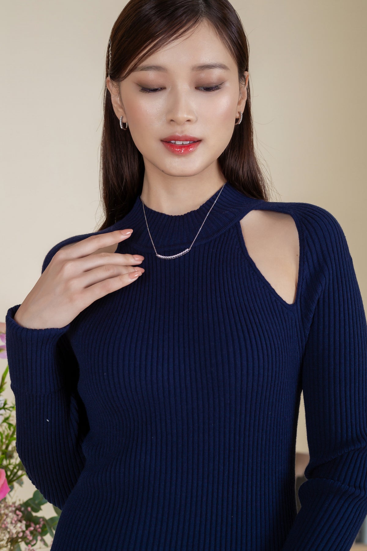 Mock Neck Exposed Knit Dress in Navy