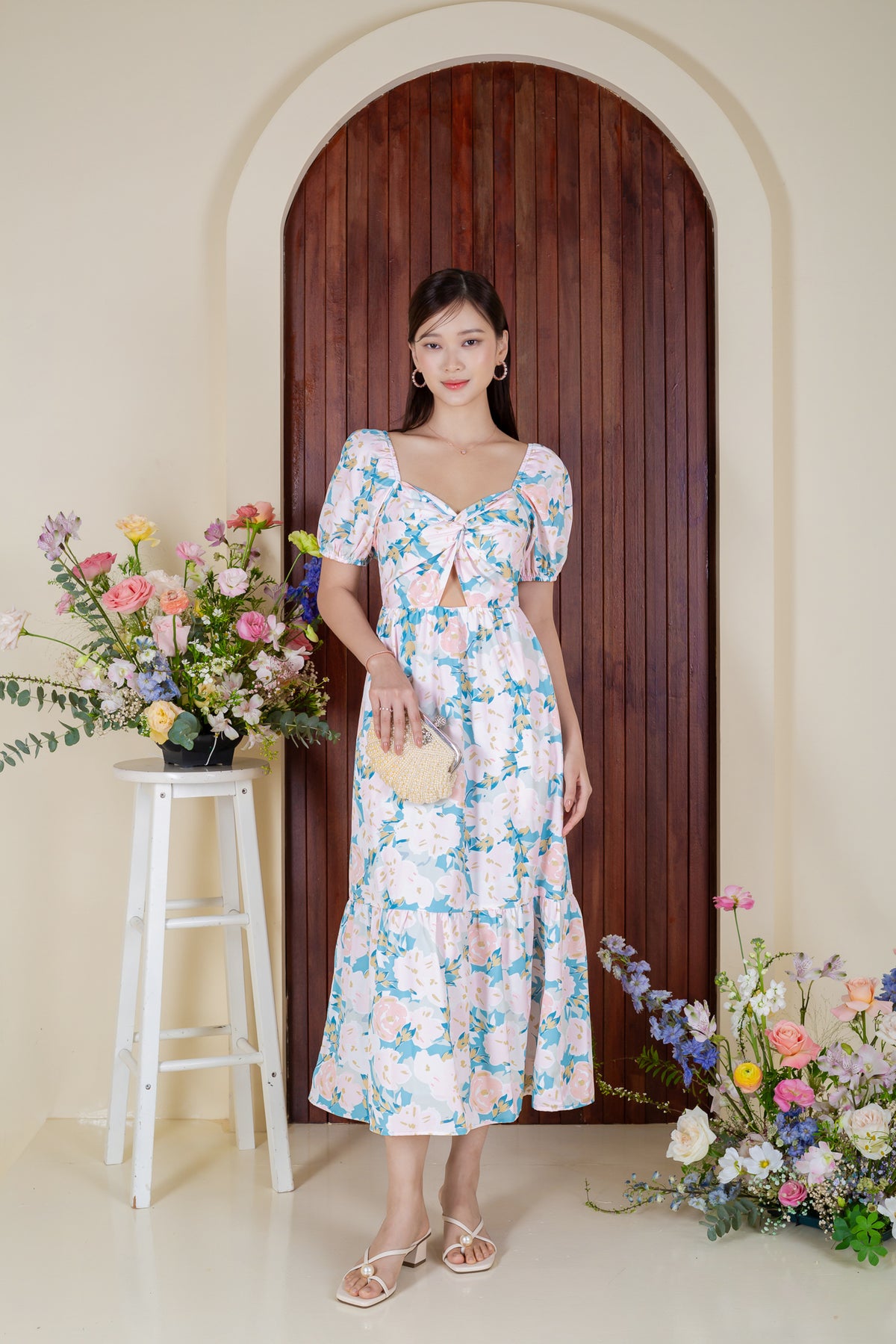 Floral Knot-Front Drophem Dress in Pink Garden