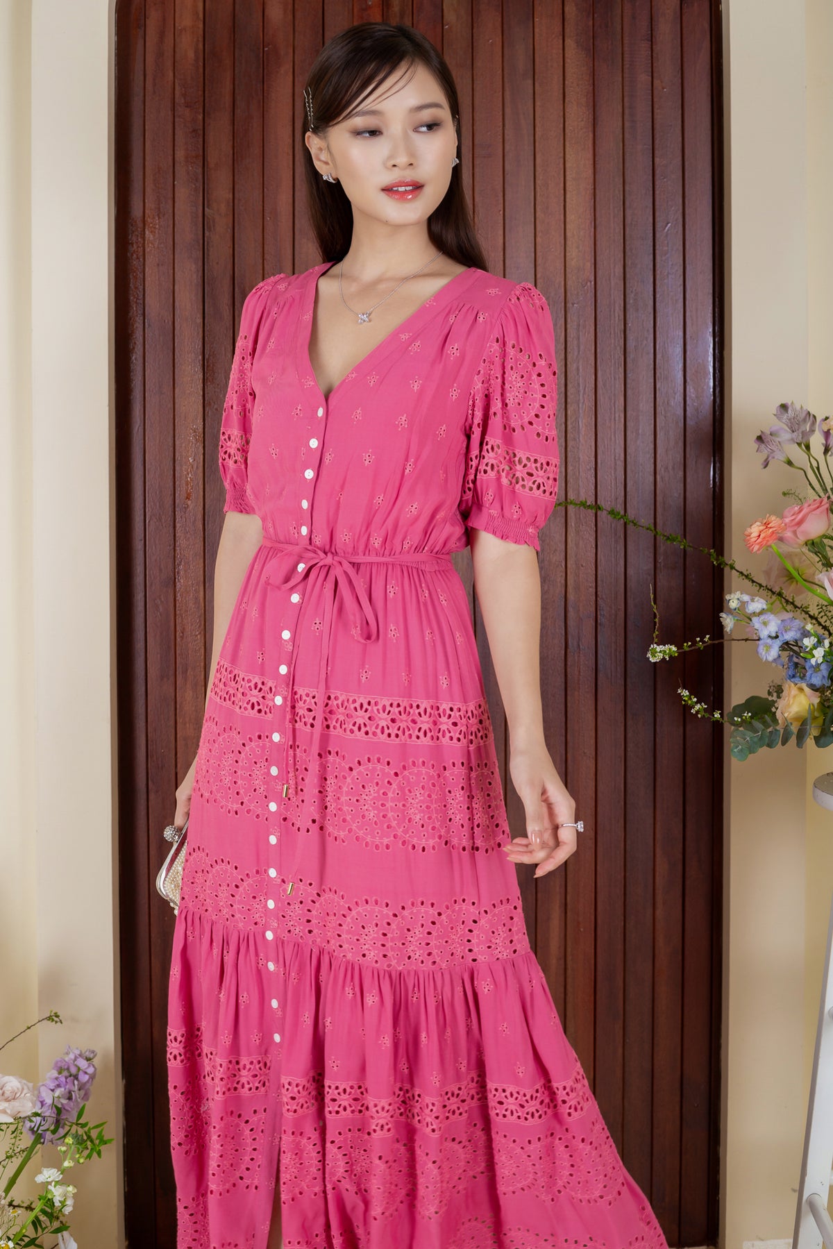 Laura Eyelet Embroidery Maxi in Tulip Pink
