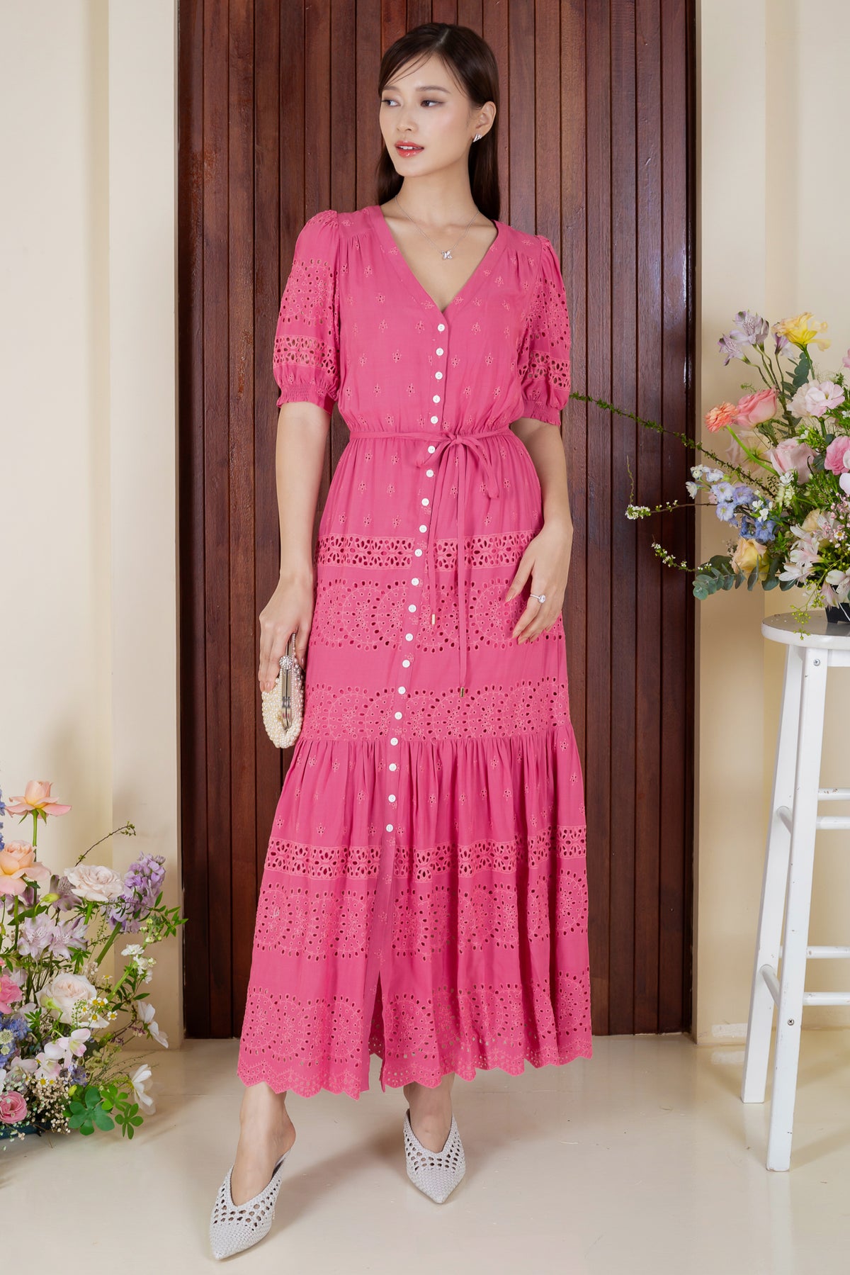 Laura Eyelet Embroidery Maxi in Tulip Pink