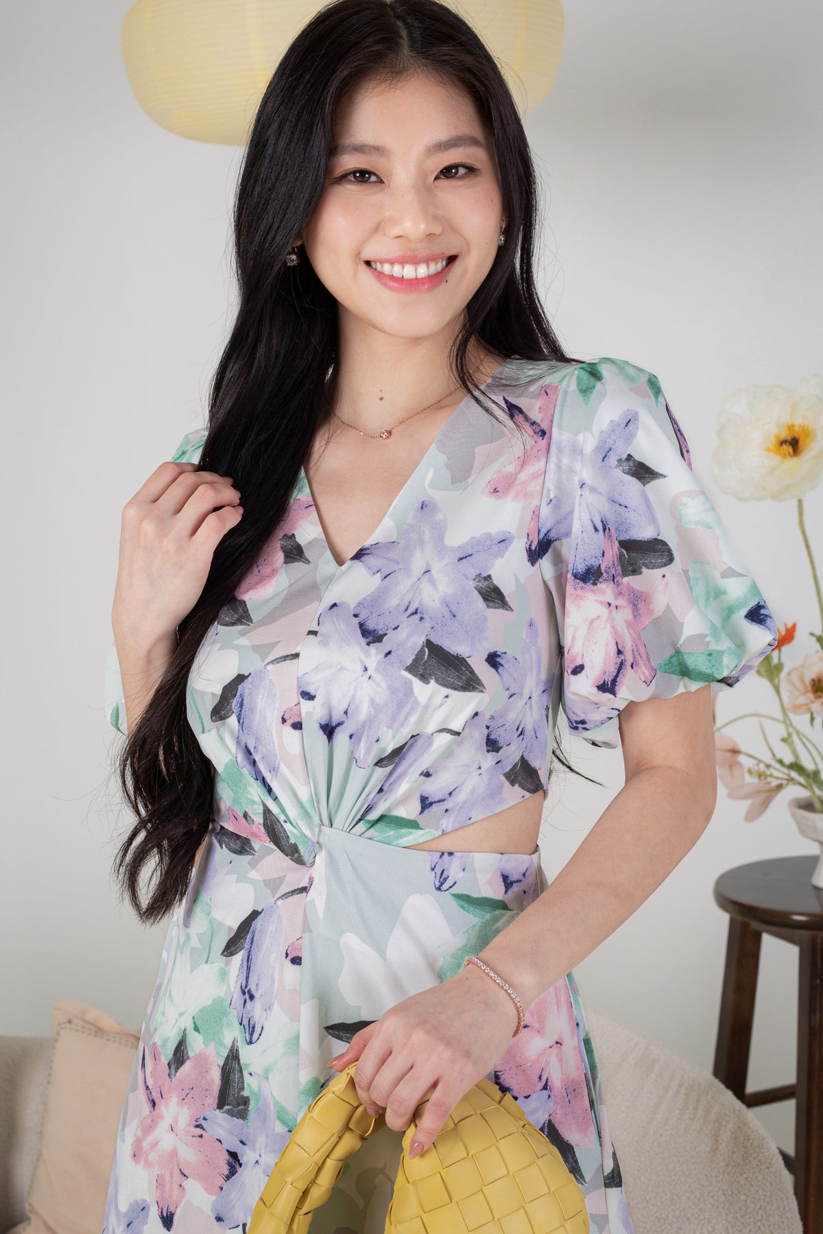 Flower Power Cut-Out Pouf Sleeves A-Line Dress