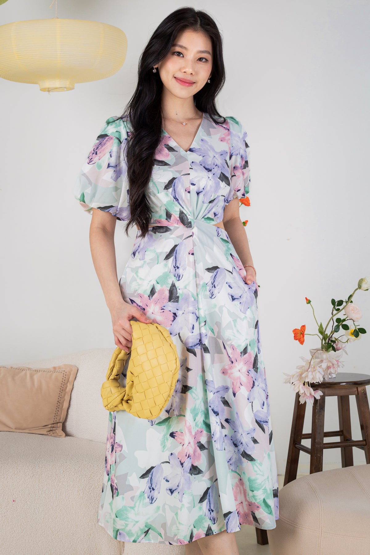 Flower Power Cut-Out Pouf Sleeves A-Line Dress