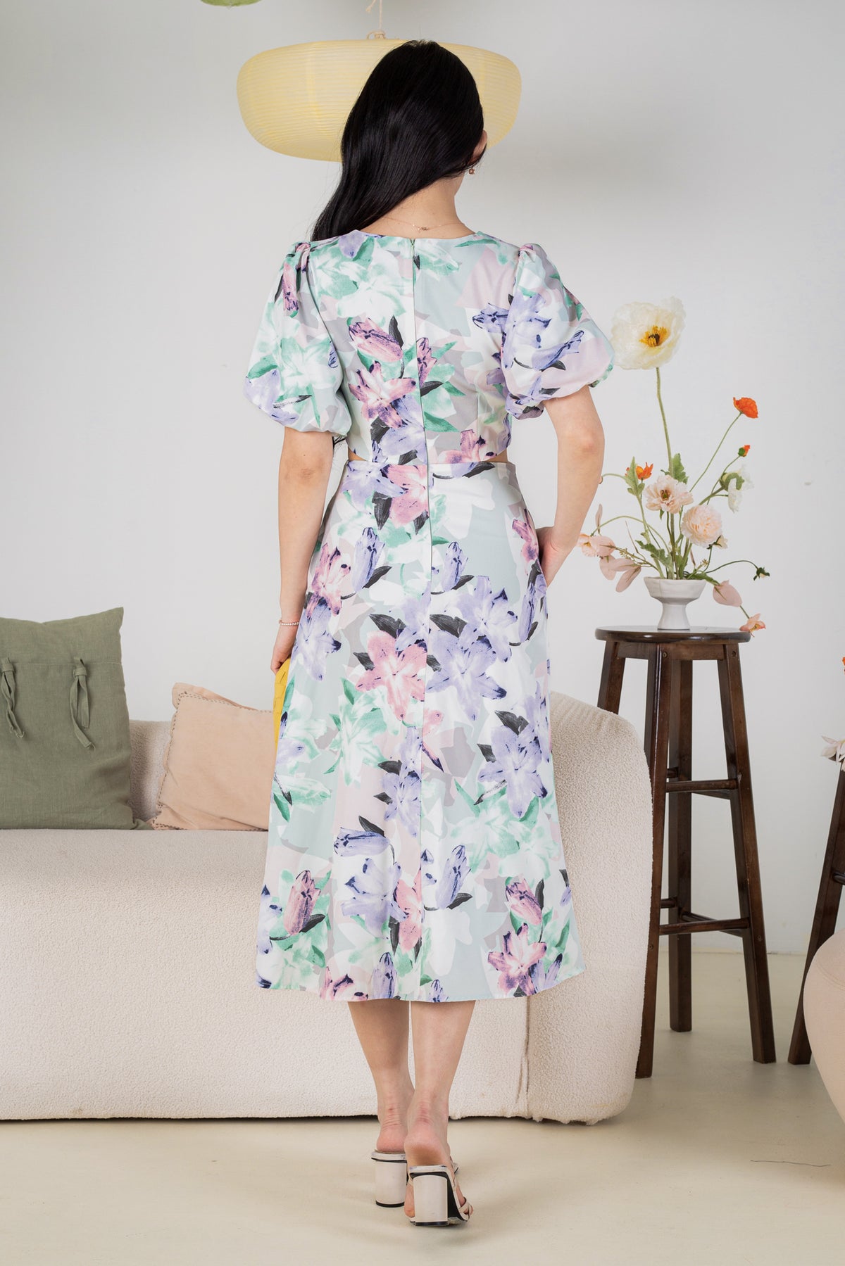 Flower Power Cut-Out Pouf Sleeves A-Line Dress