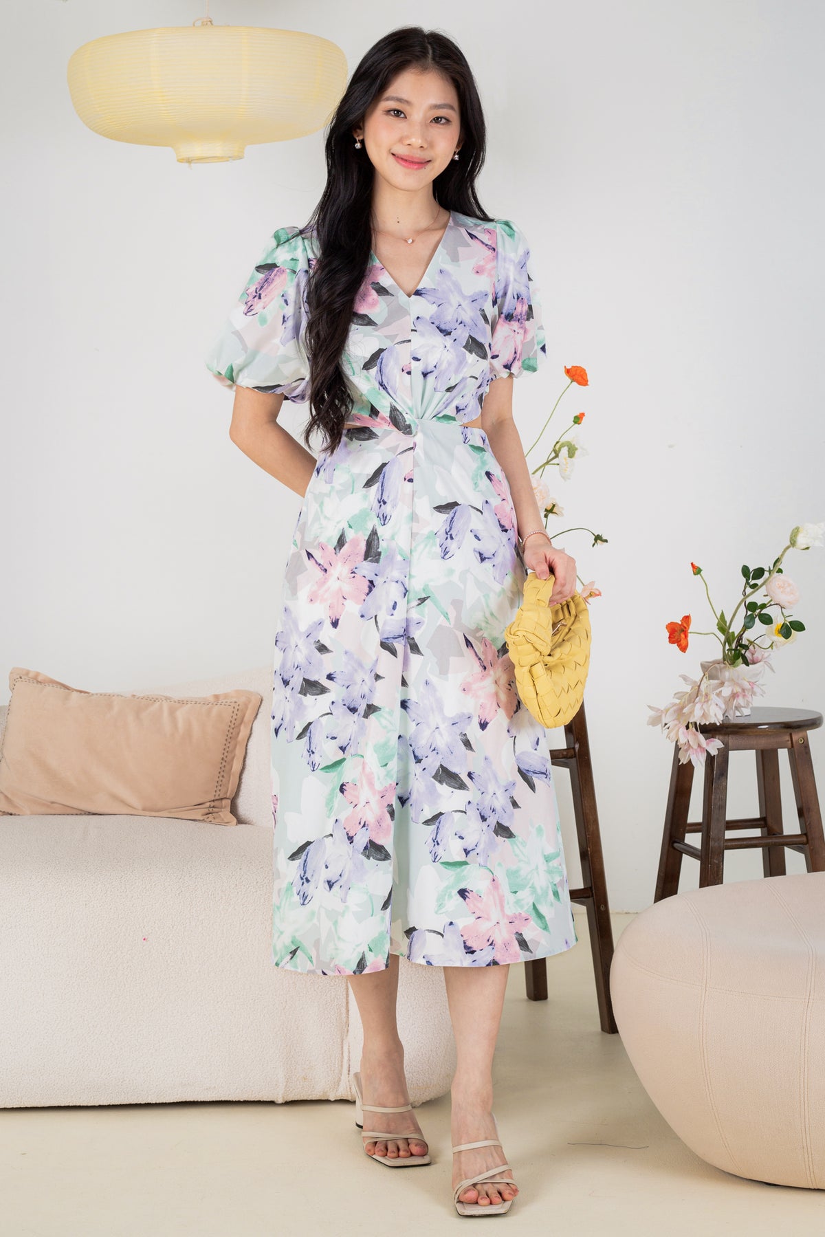 Flower Power Cut-Out Pouf Sleeves A-Line Dress
