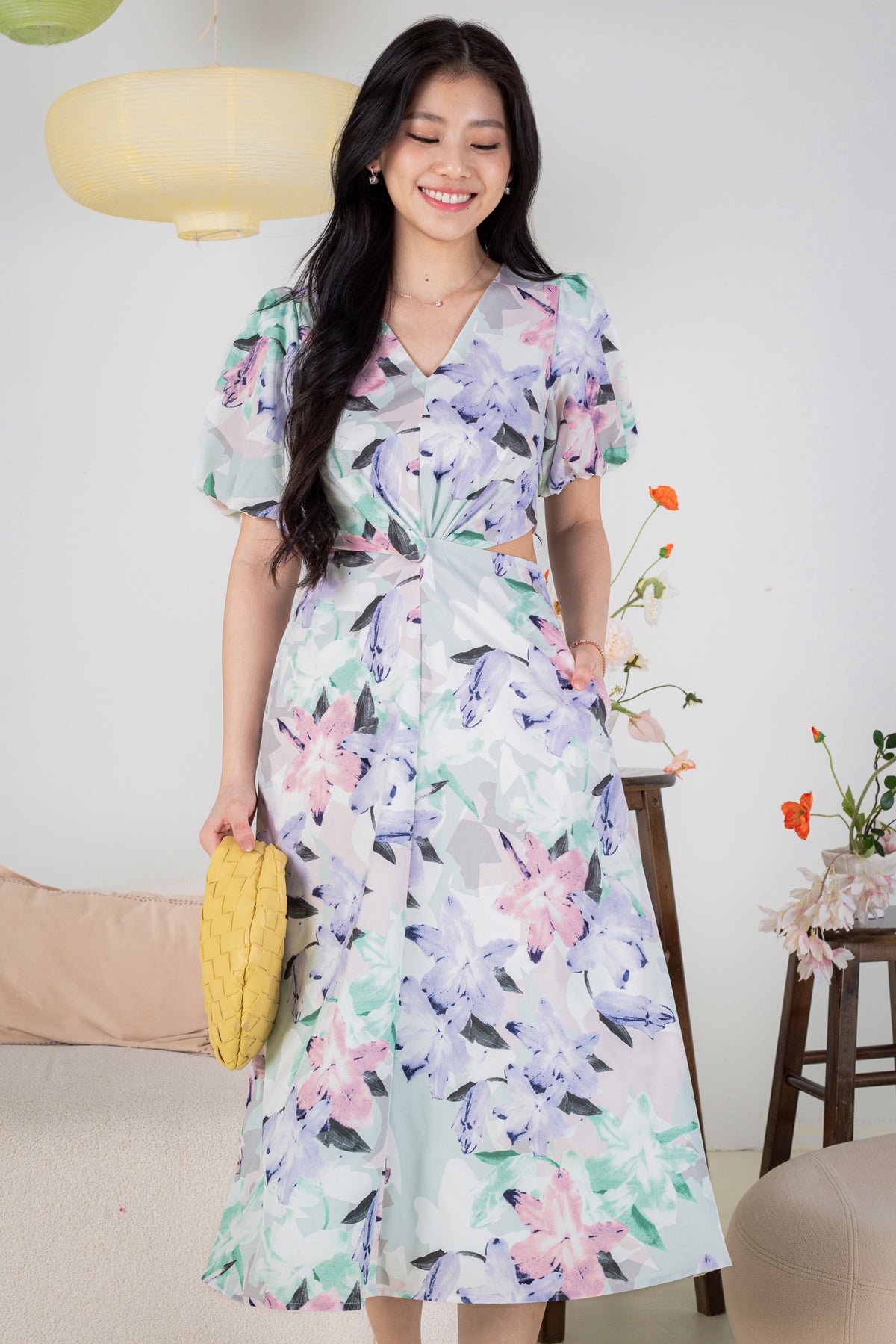 Flower Power Cut-Out Pouf Sleeves A-Line Dress