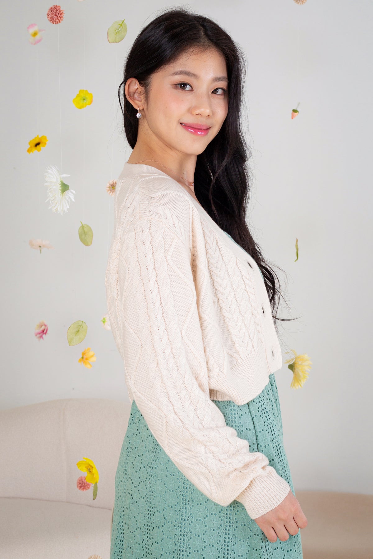 Soft Cable Knit Cropped Cardigan in Cream