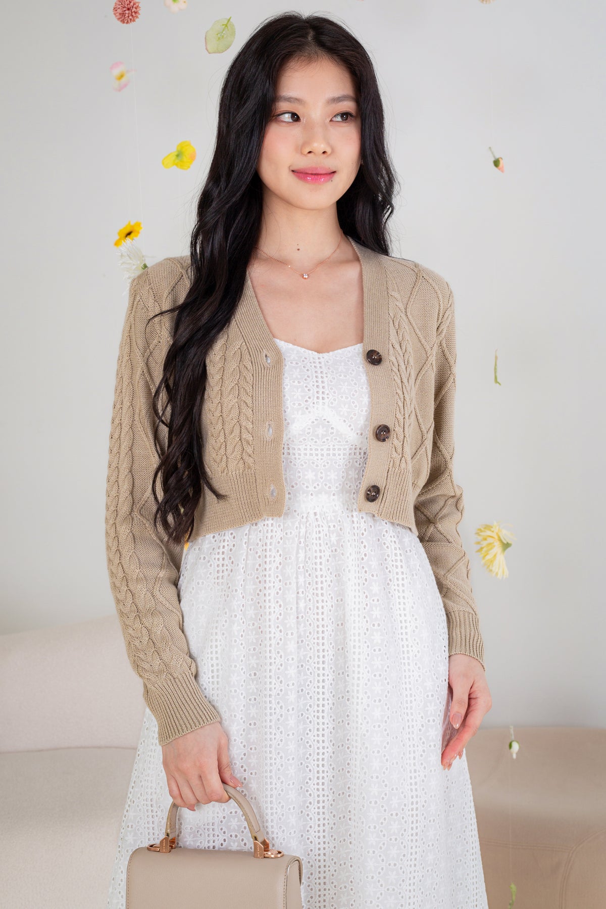 Soft Cable Knit Cropped Cardigan in Tortilla