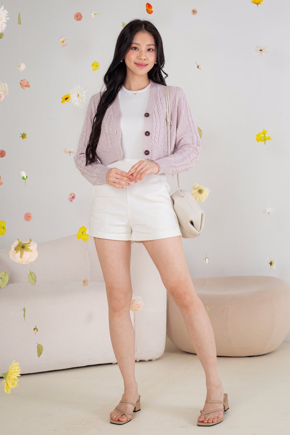 Soft Cable Knit Cropped Cardigan in Soft Lavender