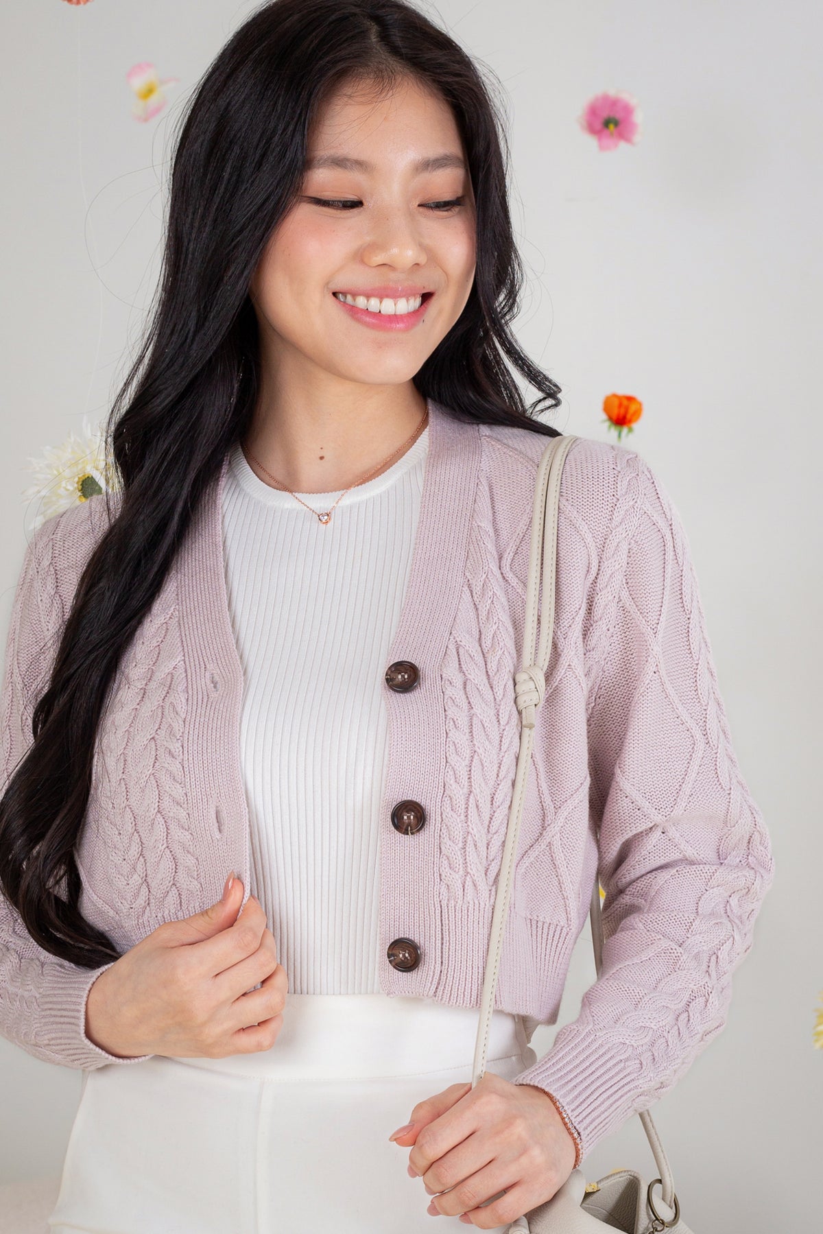 Soft Cable Knit Cropped Cardigan in Soft Lavender