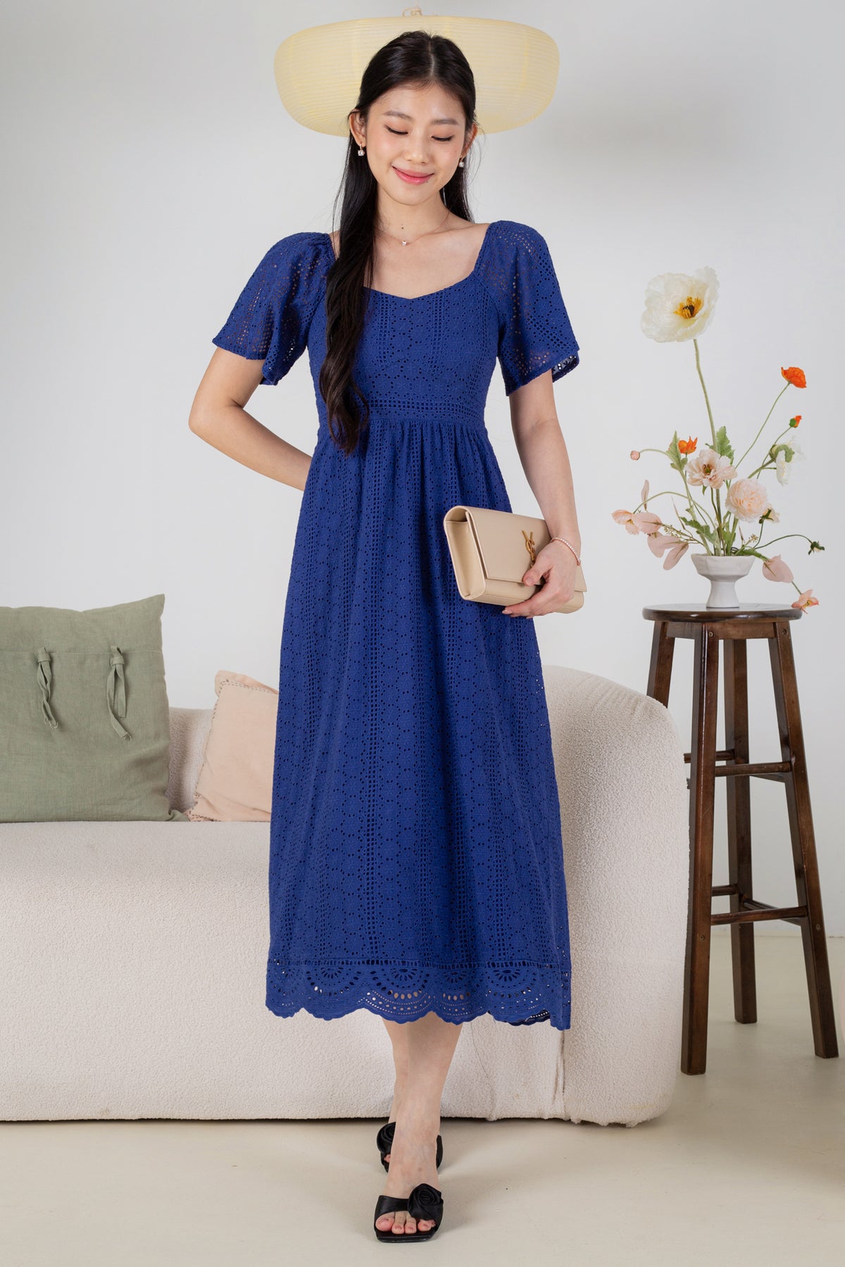 Eyelet Flutter Sleeves Midi Dress in Navy