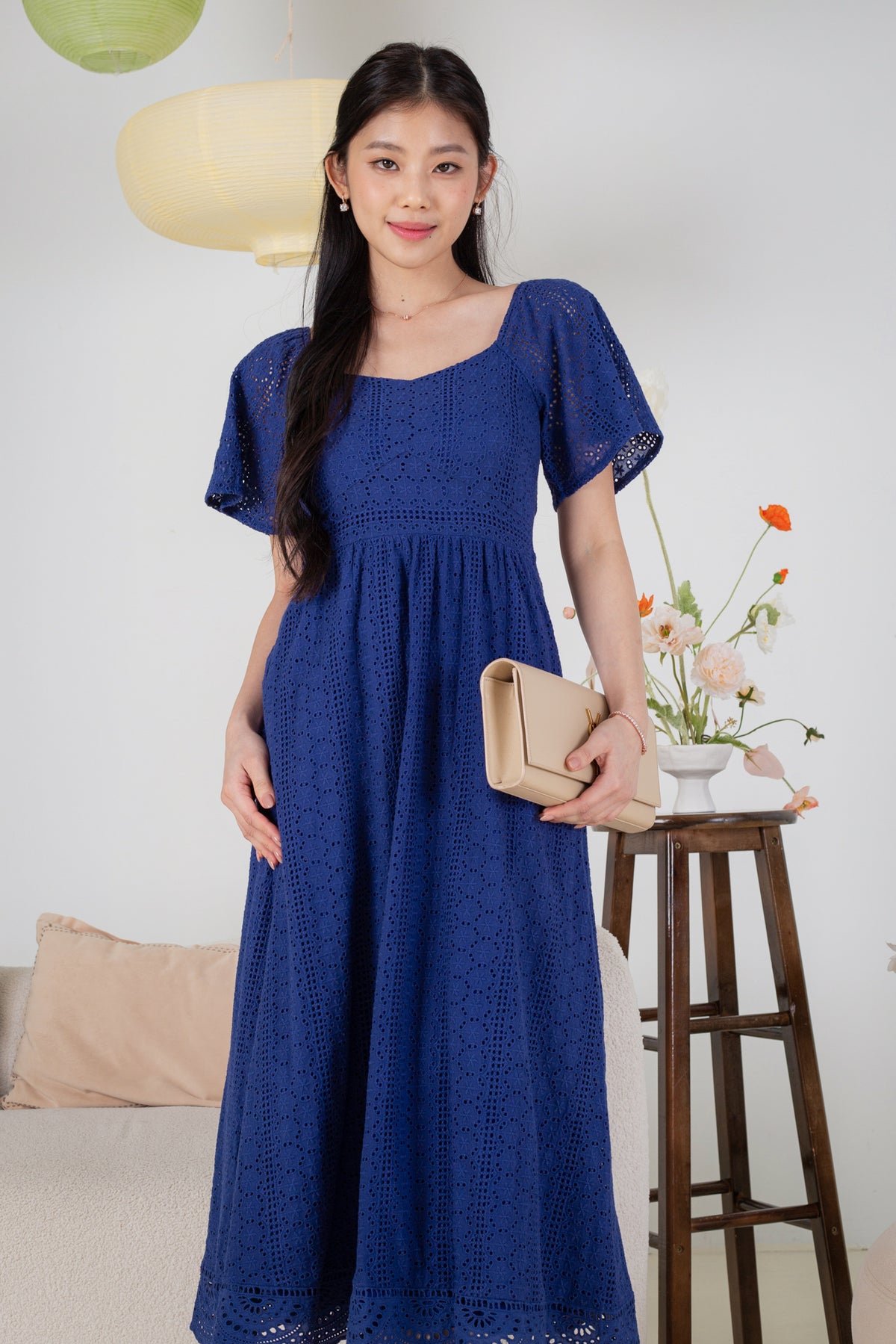 Eyelet Flutter Sleeves Midi Dress in Navy