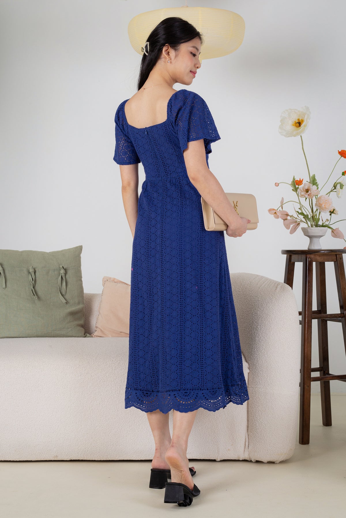 Eyelet Flutter Sleeves Midi Dress in Navy