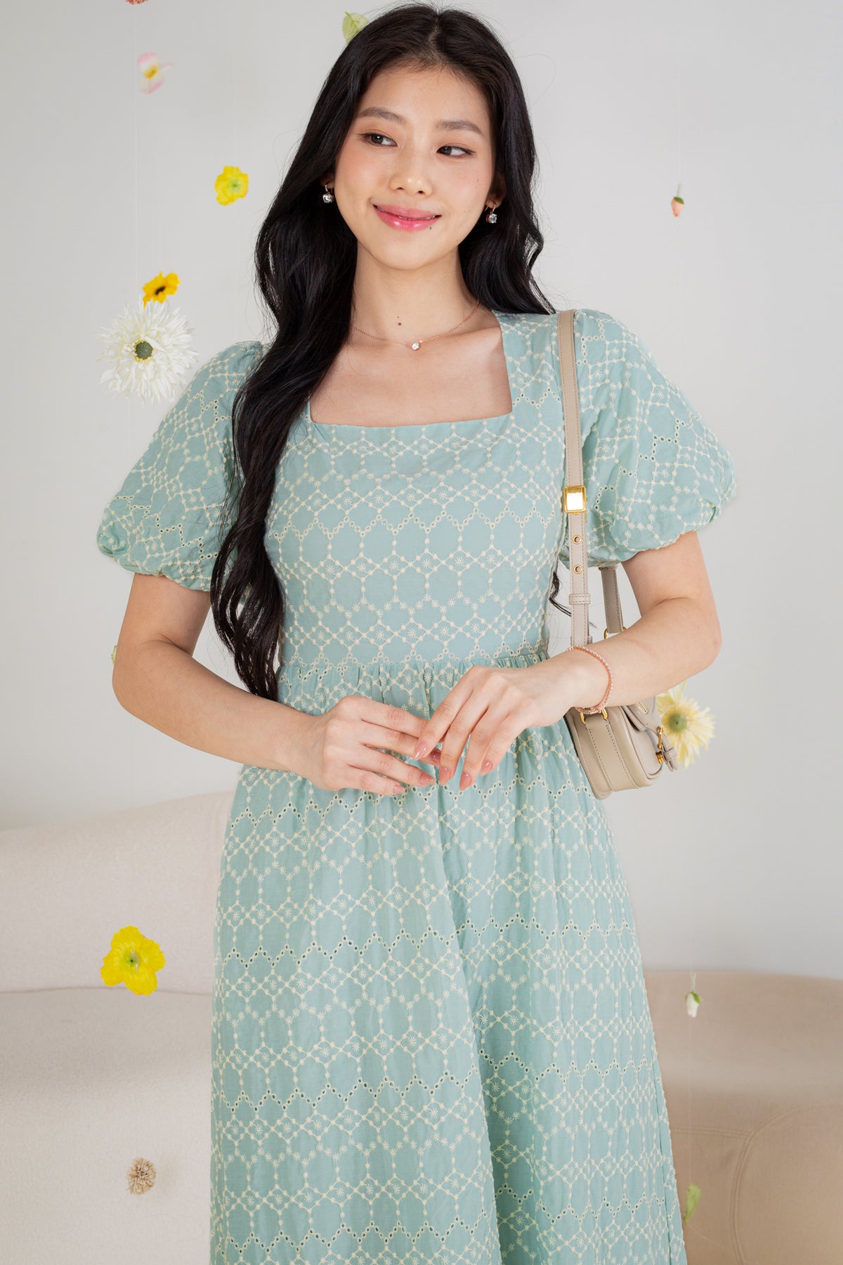 Eyelet Embroidery Shoelace Dress in Sage