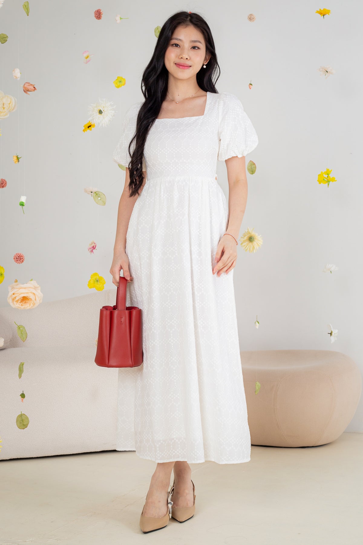 Eyelet Embroidery Shoelace Dress in White