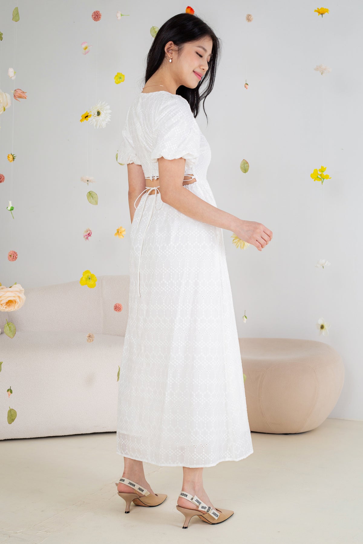Eyelet Embroidery Shoelace Dress in White