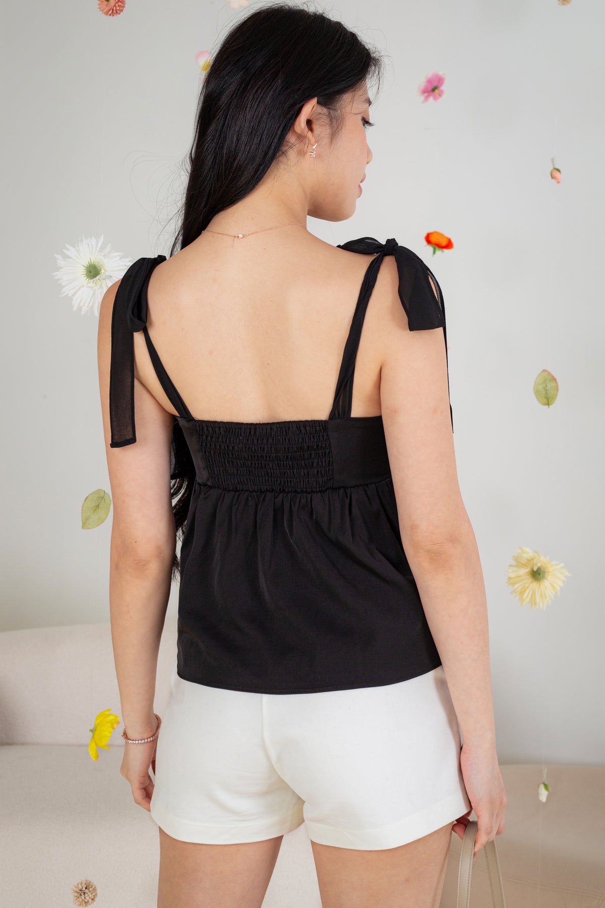 Tie-Straps Smocked Back Top in Black