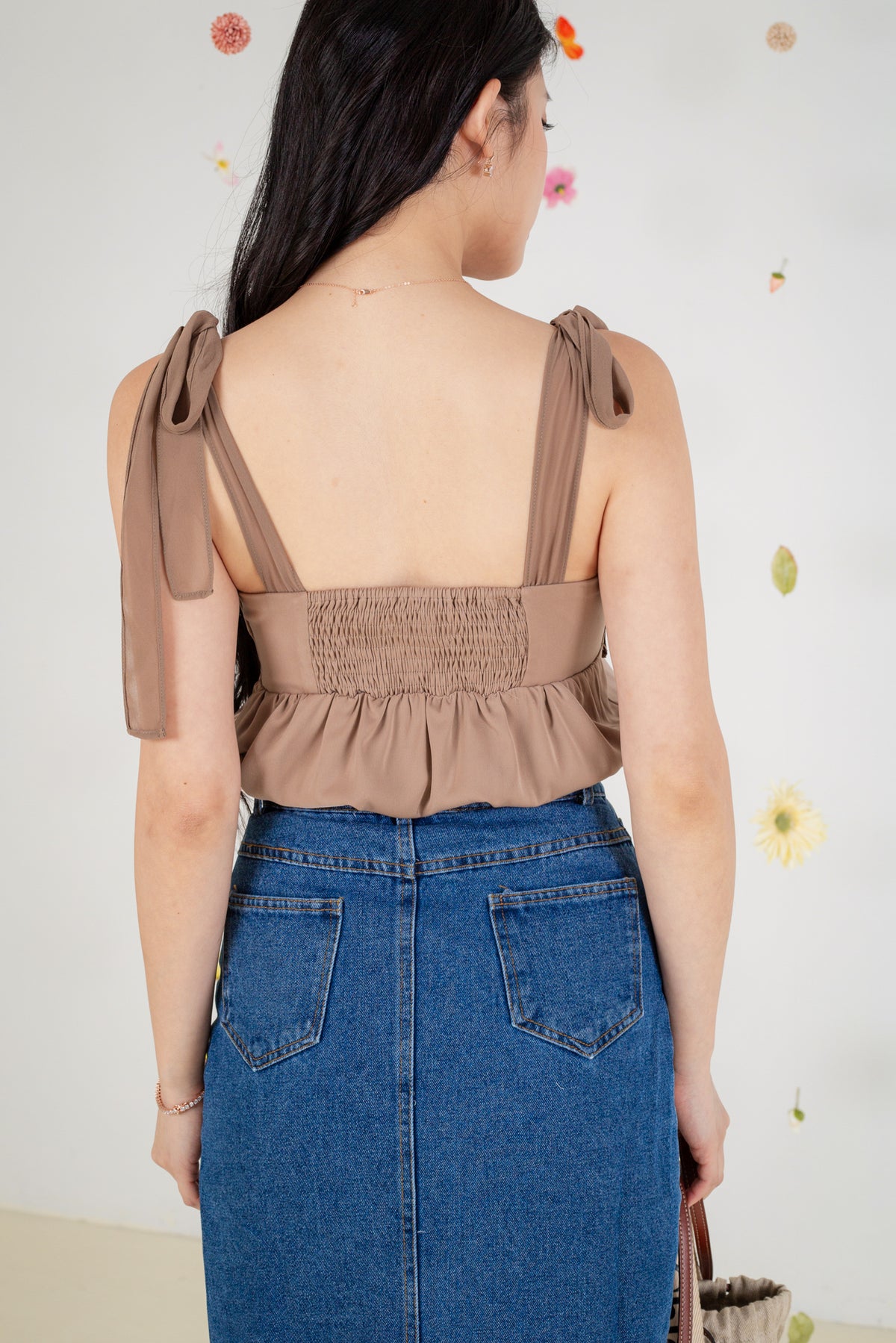 Tie-Straps Smocked Back Top in Brown