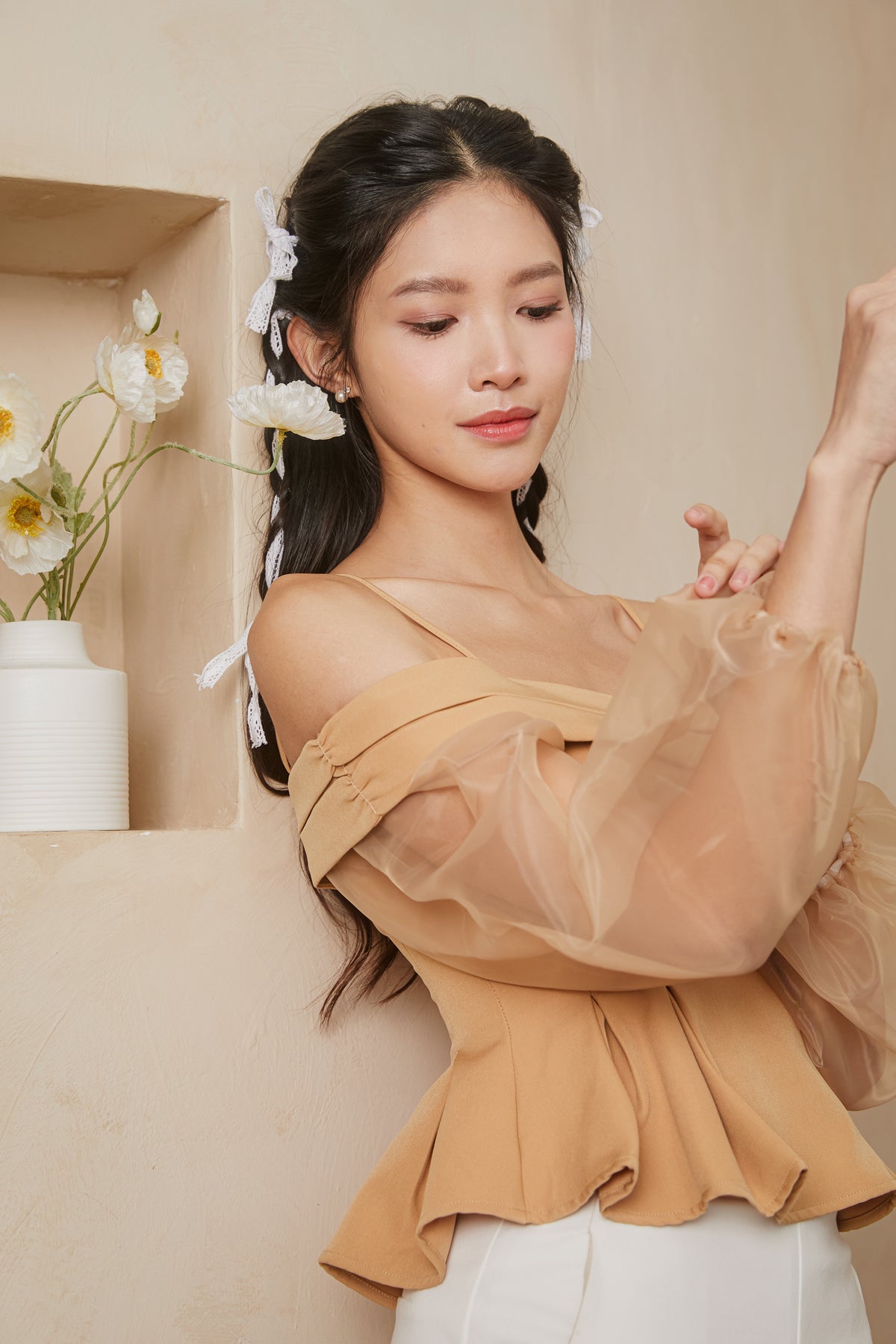 [VGY] Organza Sleeve Peplum Top in Caramel