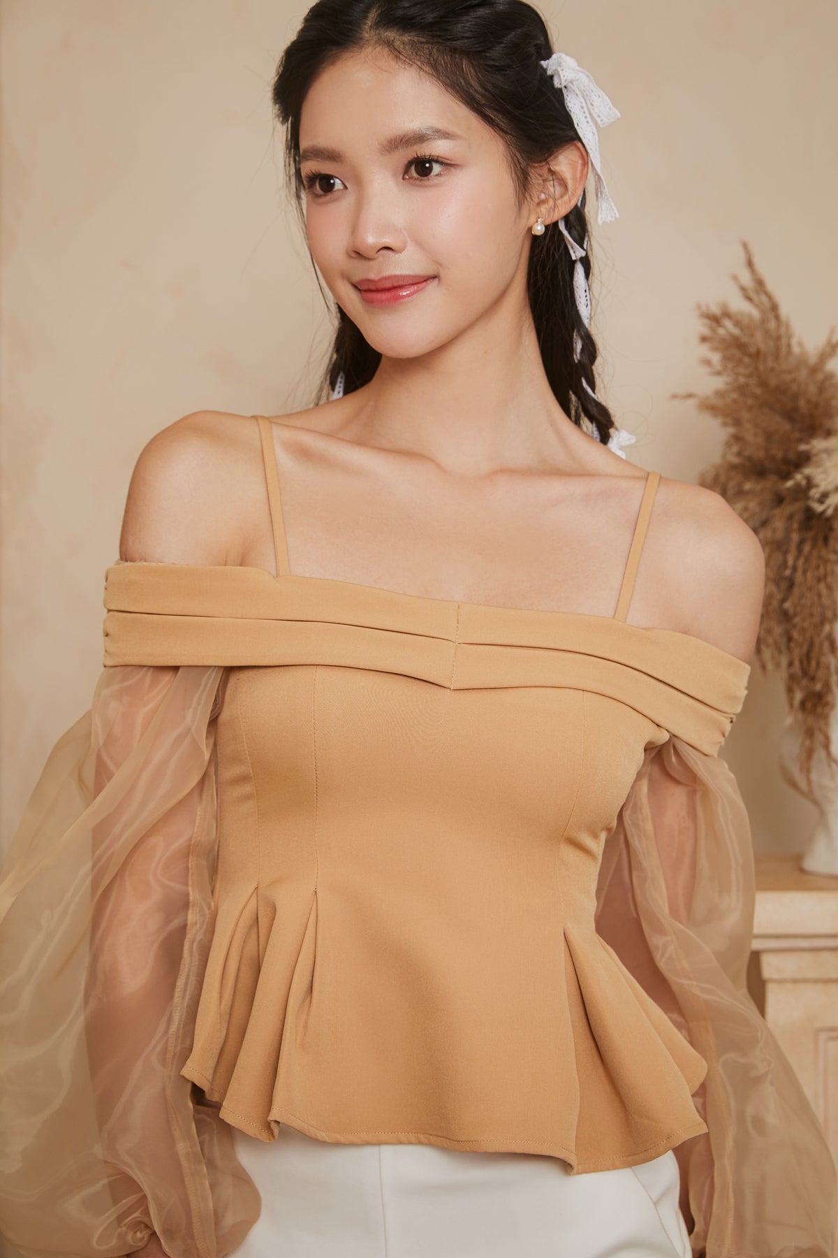 [VGY] Organza Sleeve Peplum Top in Caramel