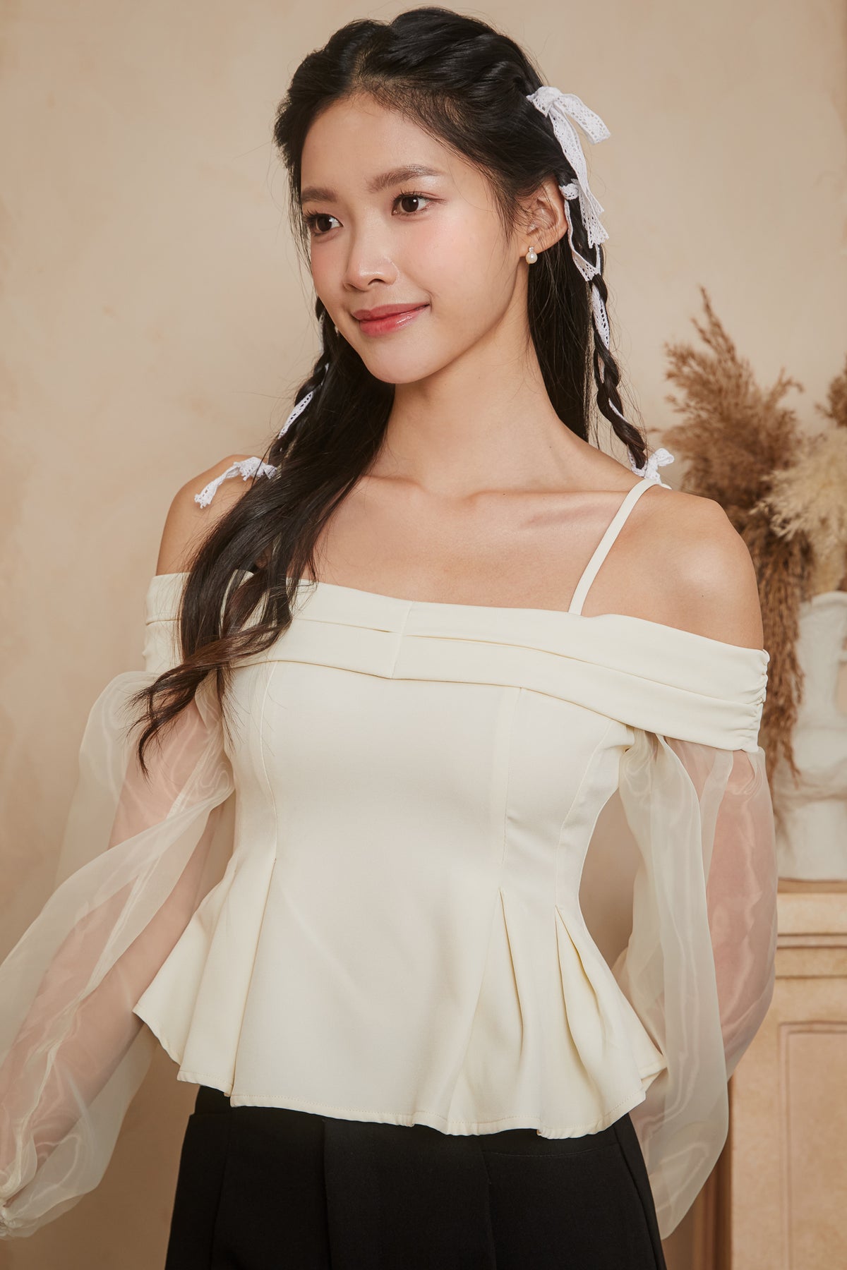 [VGY] Organza Sleeve Peplum Top in Chantilly Cream