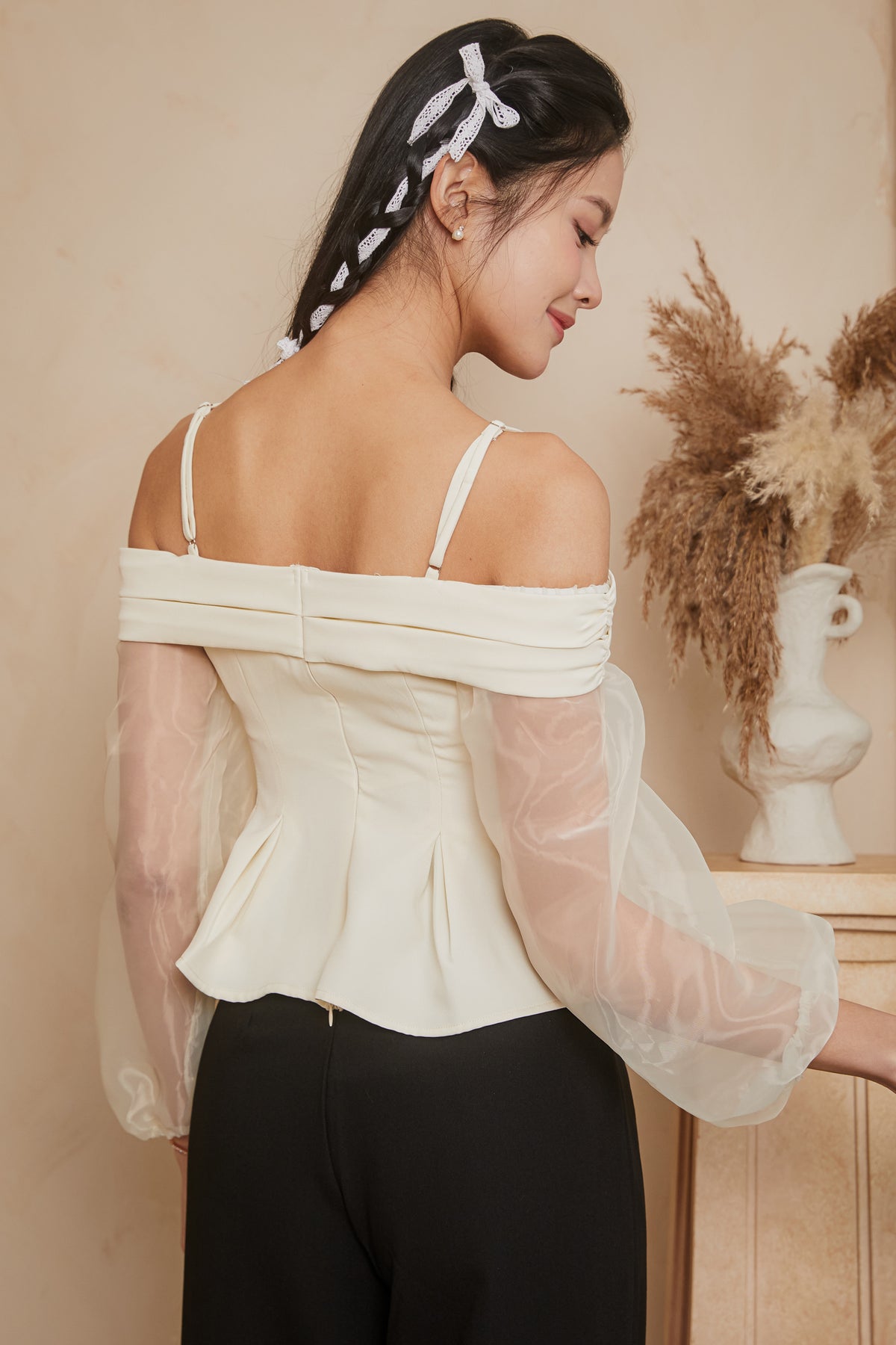 [VGY] Organza Sleeve Peplum Top in Chantilly Cream