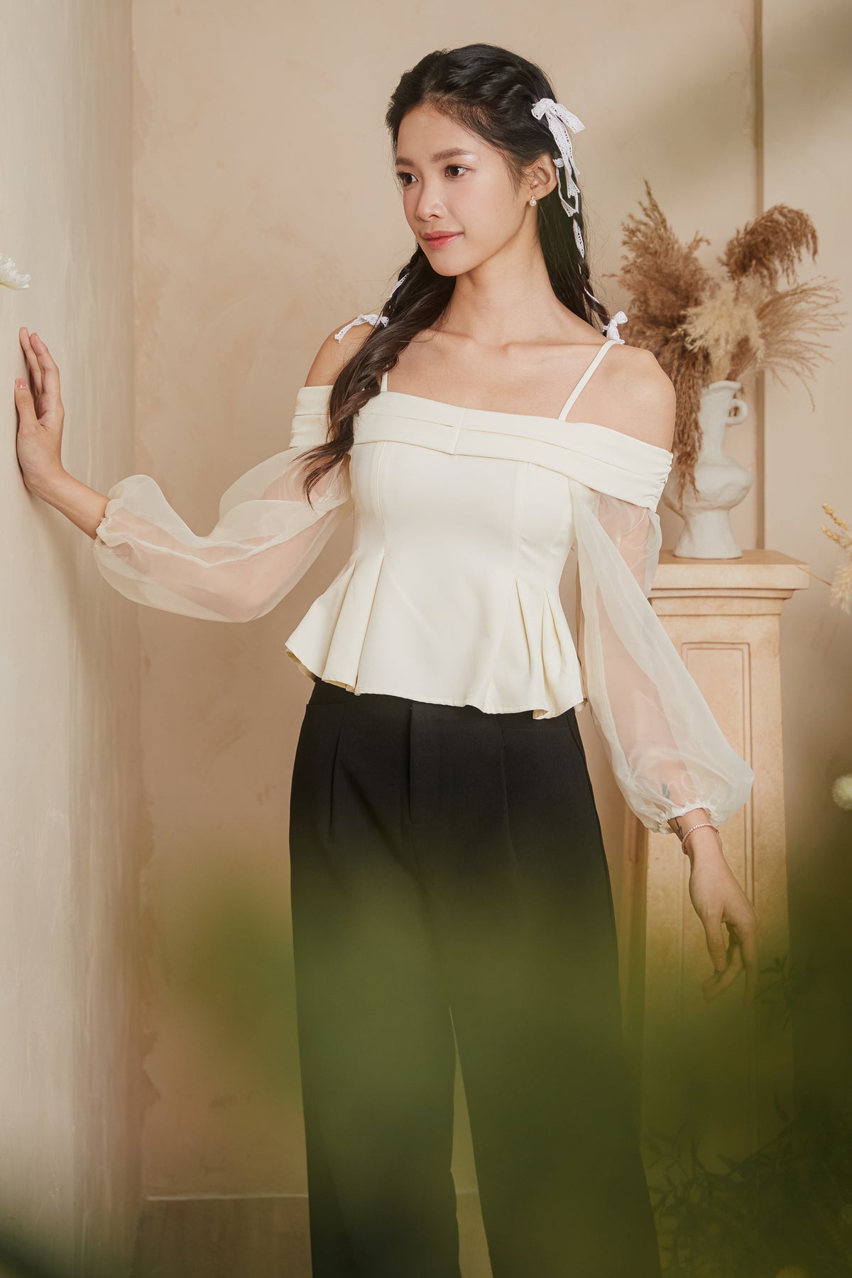 [VGY] Organza Sleeve Peplum Top in Chantilly Cream