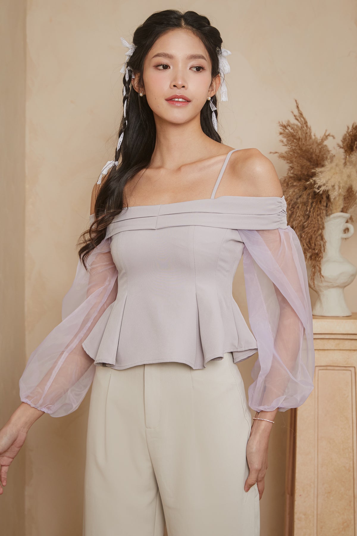 [VGY] Organza Sleeve Peplum Top in Taro