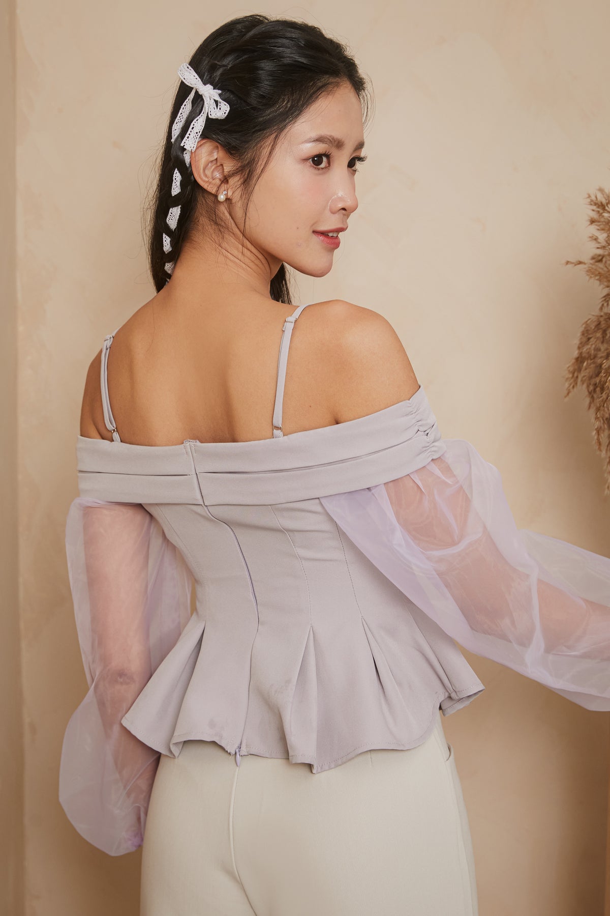 [VGY] Organza Sleeve Peplum Top in Taro