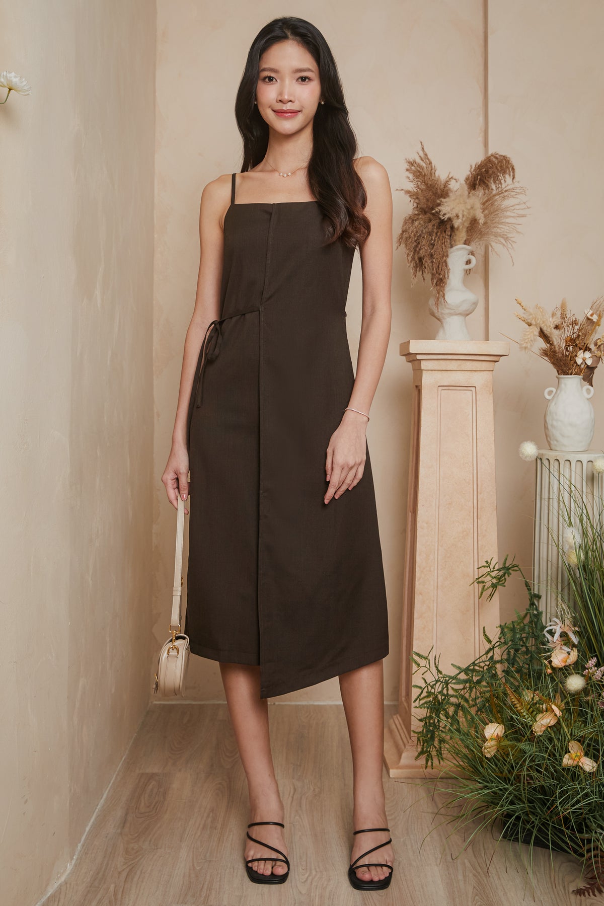 [VGY] Strappy Overlay Wrap Dress in Cocoa