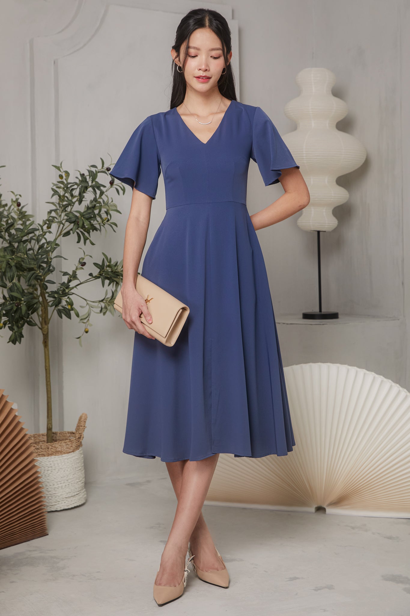 Flutter Sleeve V-Neck Flare Dress in Dusty Blue - Main Image