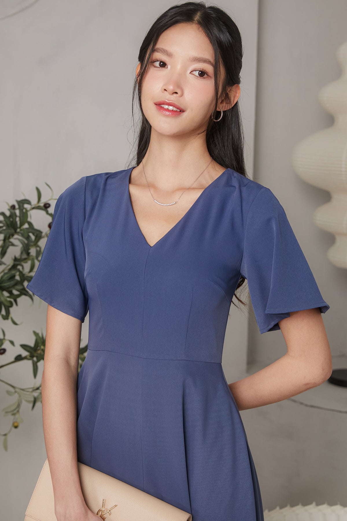 Flutter Sleeve V-Neck Flare Dress in Dusty Blue