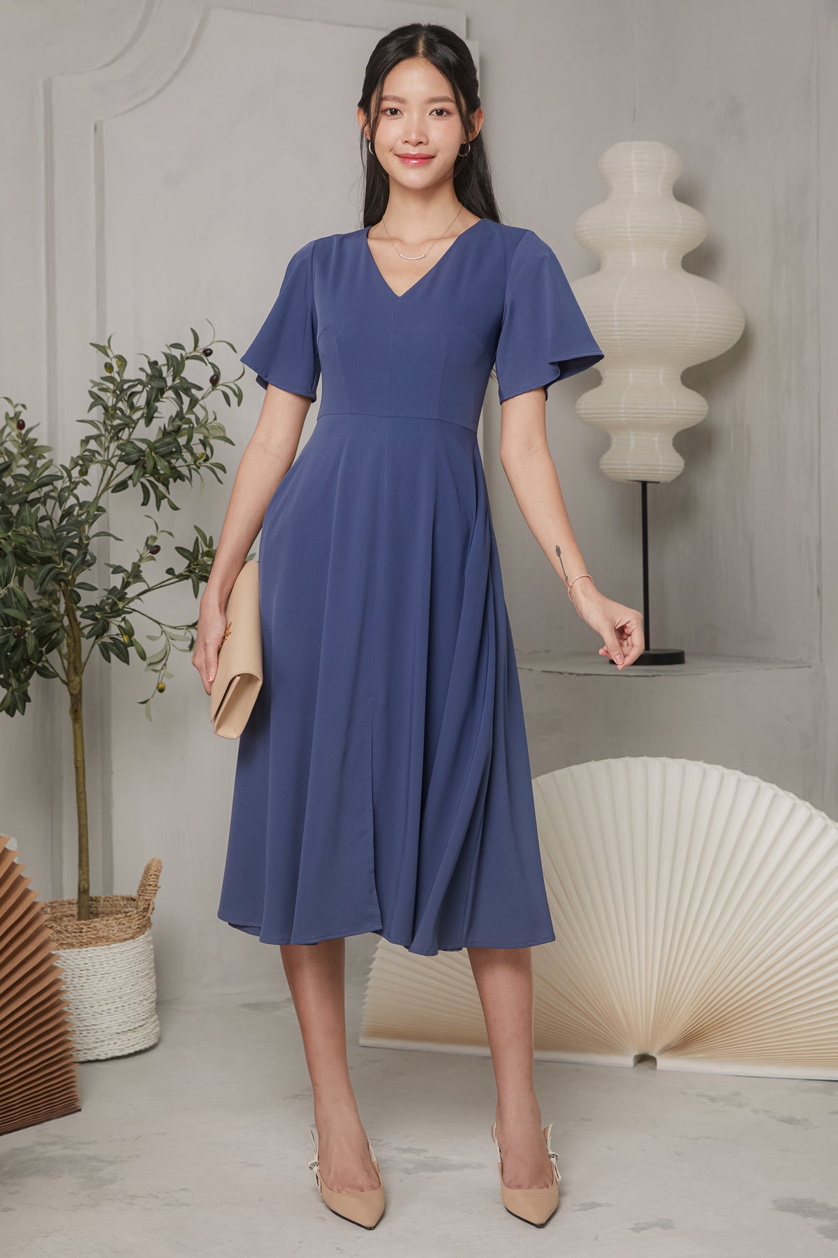 Flutter Sleeve V-Neck Flare Dress in Dusty Blue