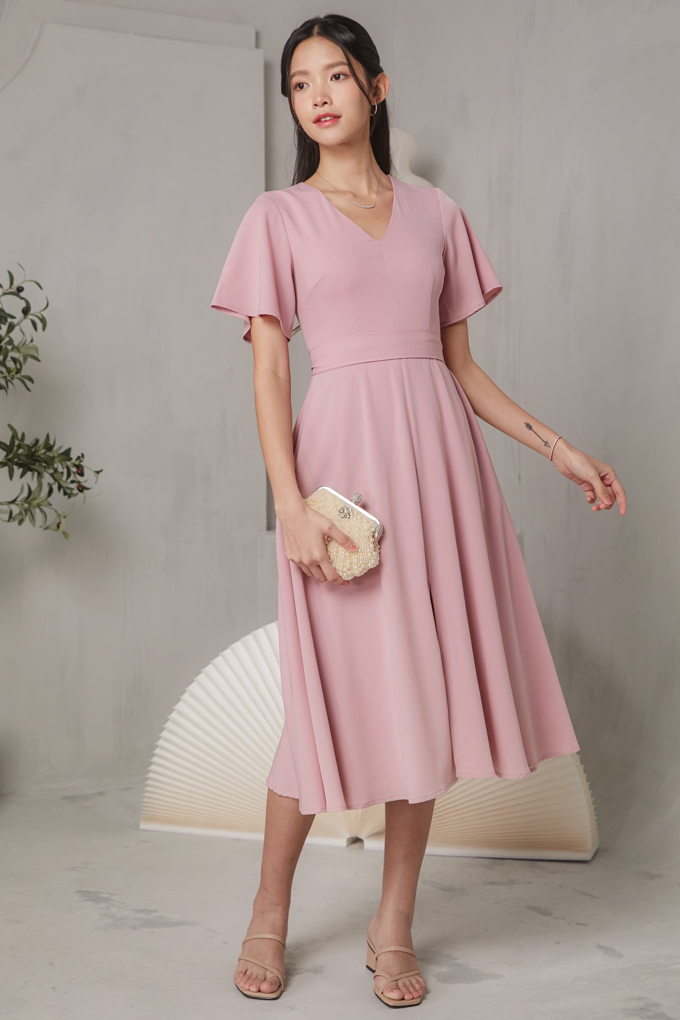 Flutter Sleeve V-Neck Flare Dress in Pink TheVelvetDolls