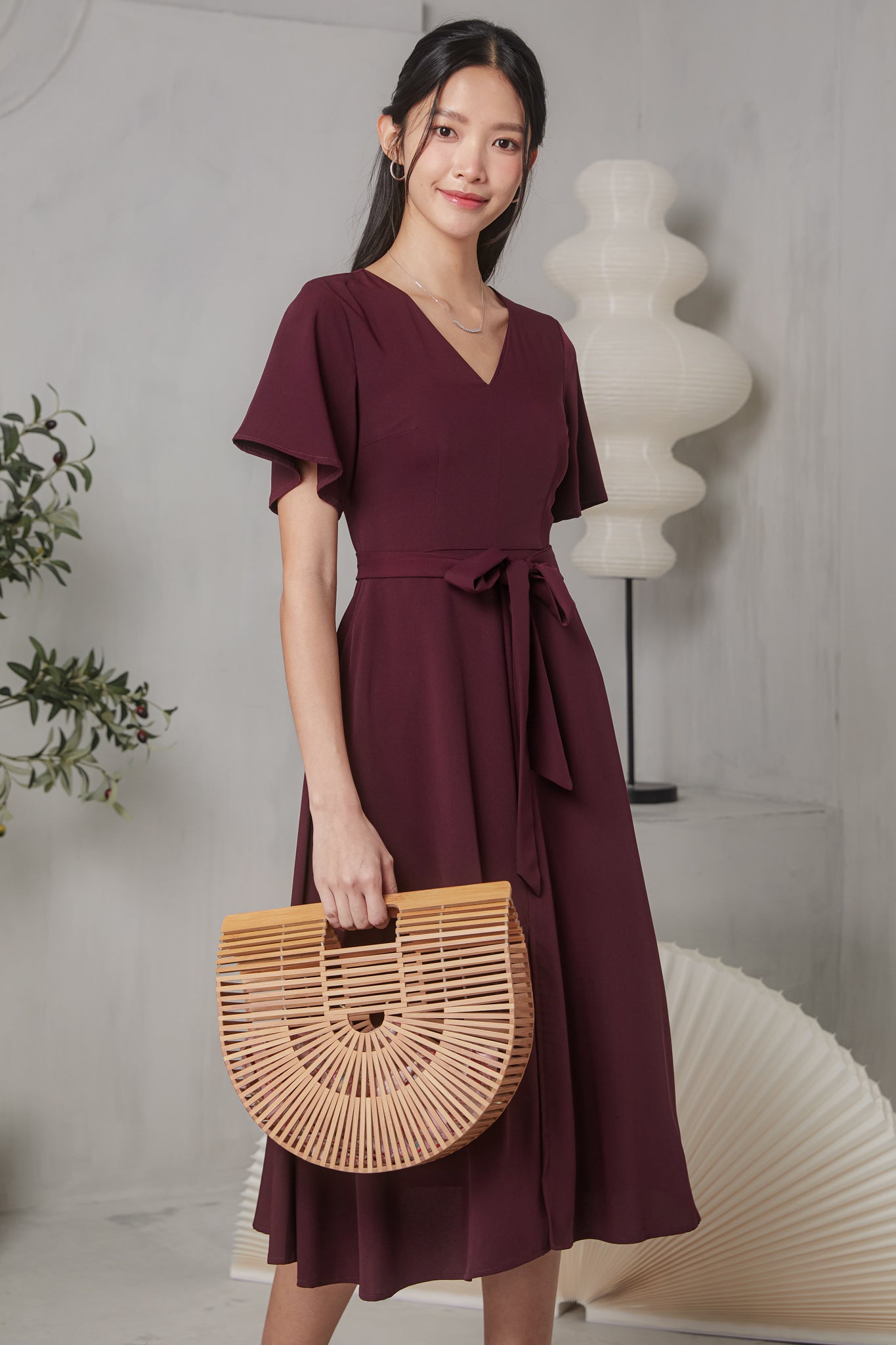 Flutter Sleeve V-Neck Flare Dress in Burgundy