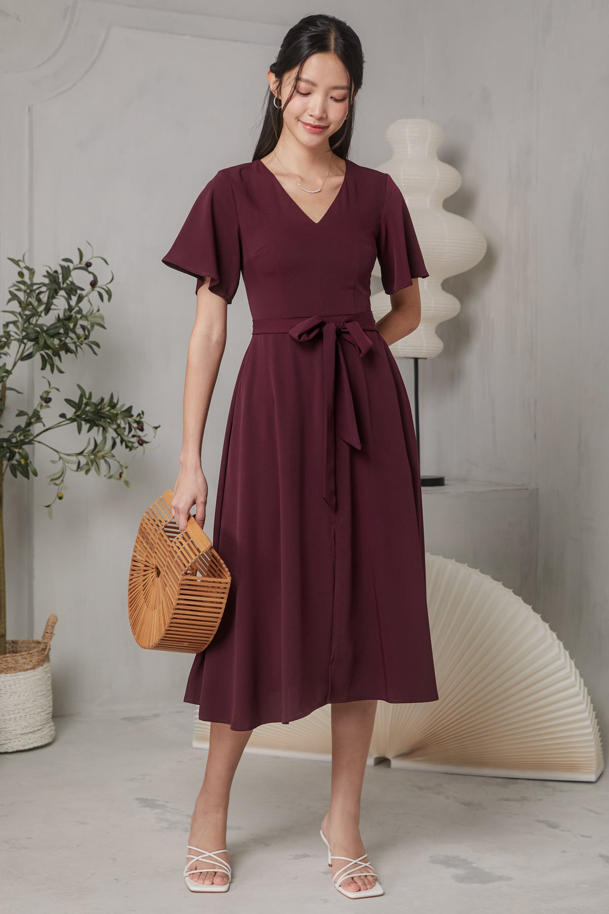 Flutter Sleeve V-Neck Flare Dress in Burgundy